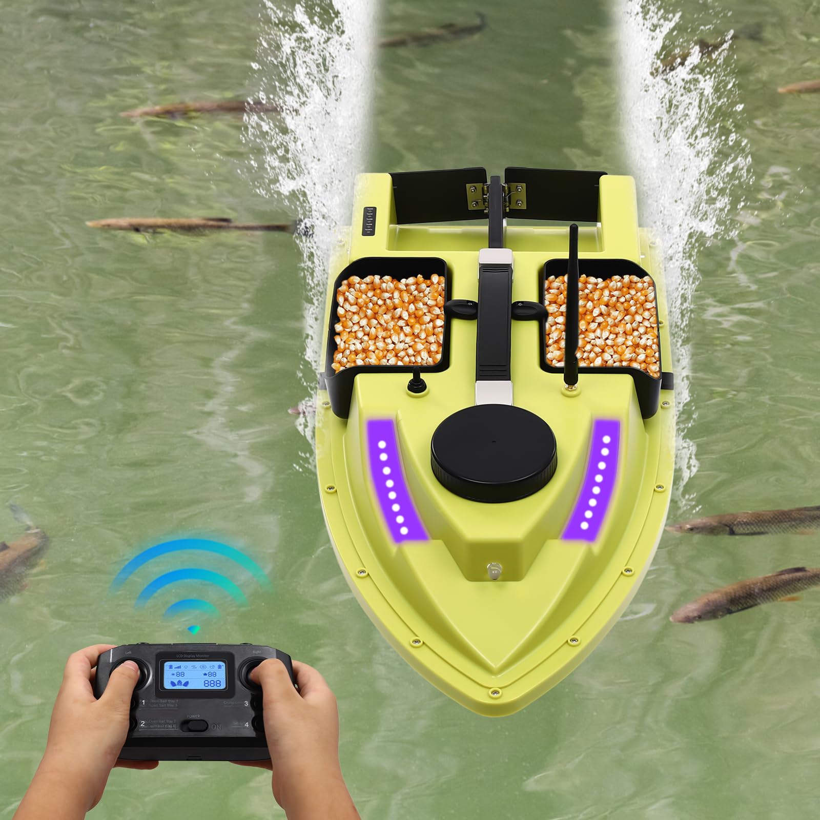 Barca da 500 m con GPS per pesca notturna, esca con navigatore, luce a doppio motore, funzionamento a quattro camere, telecomando per mangimi, Bait Boat, barca telecomandata con batteria da