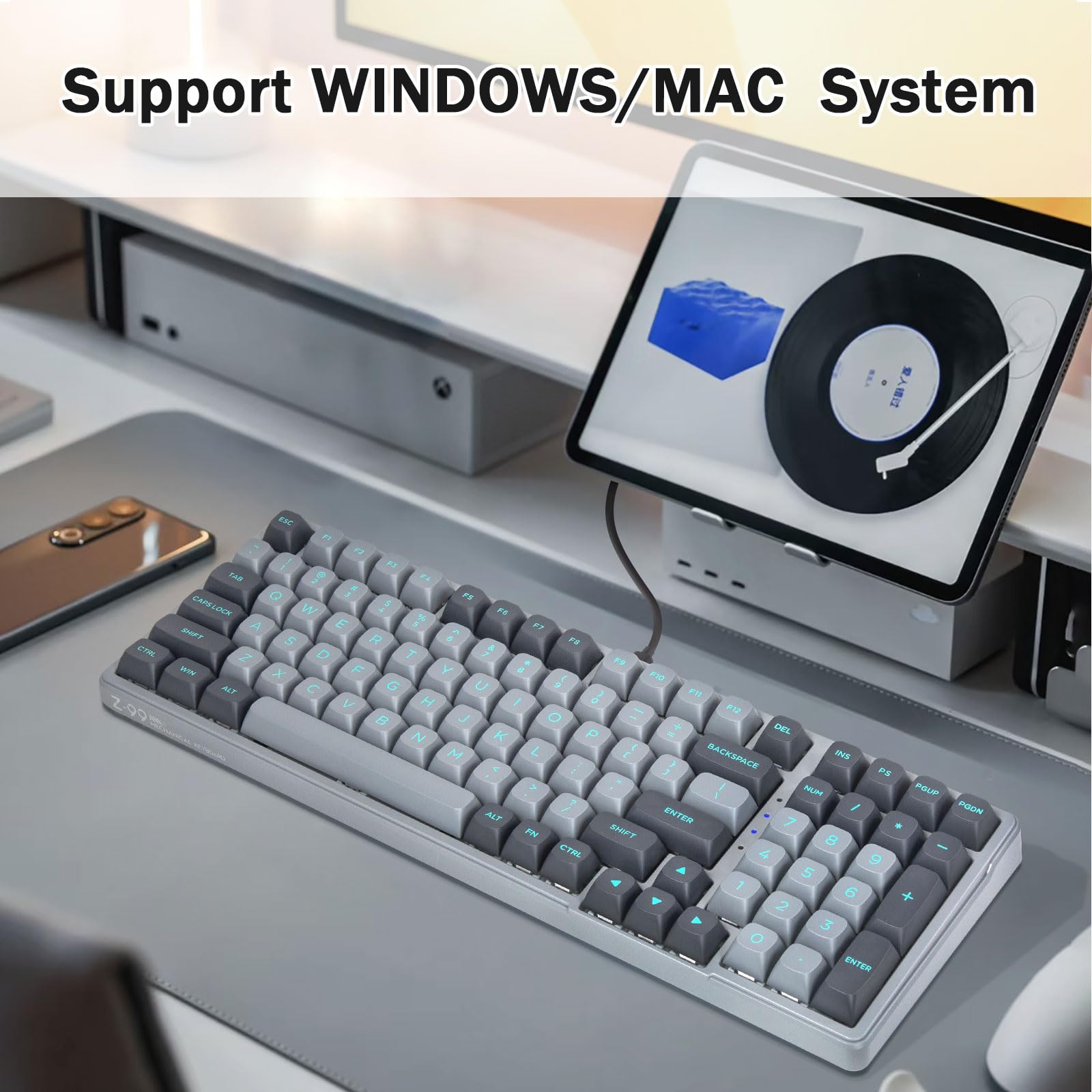 Tastiera meccanica da gioco cablata, suono cremoso, interruttori lineari pre-lubrificati, struttura della guarnizione con schiuma di smorzamento del suono, luce laterale RGB retroilluminata a LED