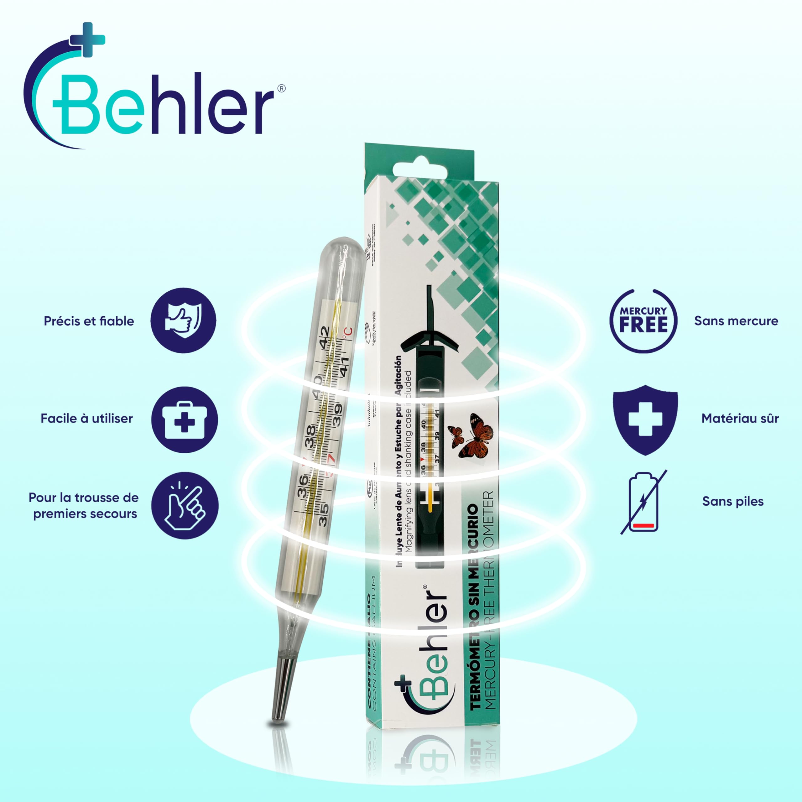Behler - Thermomètre au Gallium - Sans Mercure, Sûr et Précis, Sans Piles - Thermometre en Verre - Pour Enfants et Adultes - Inclut Loupe et Étui d'Agitation - Usage médical et domestique