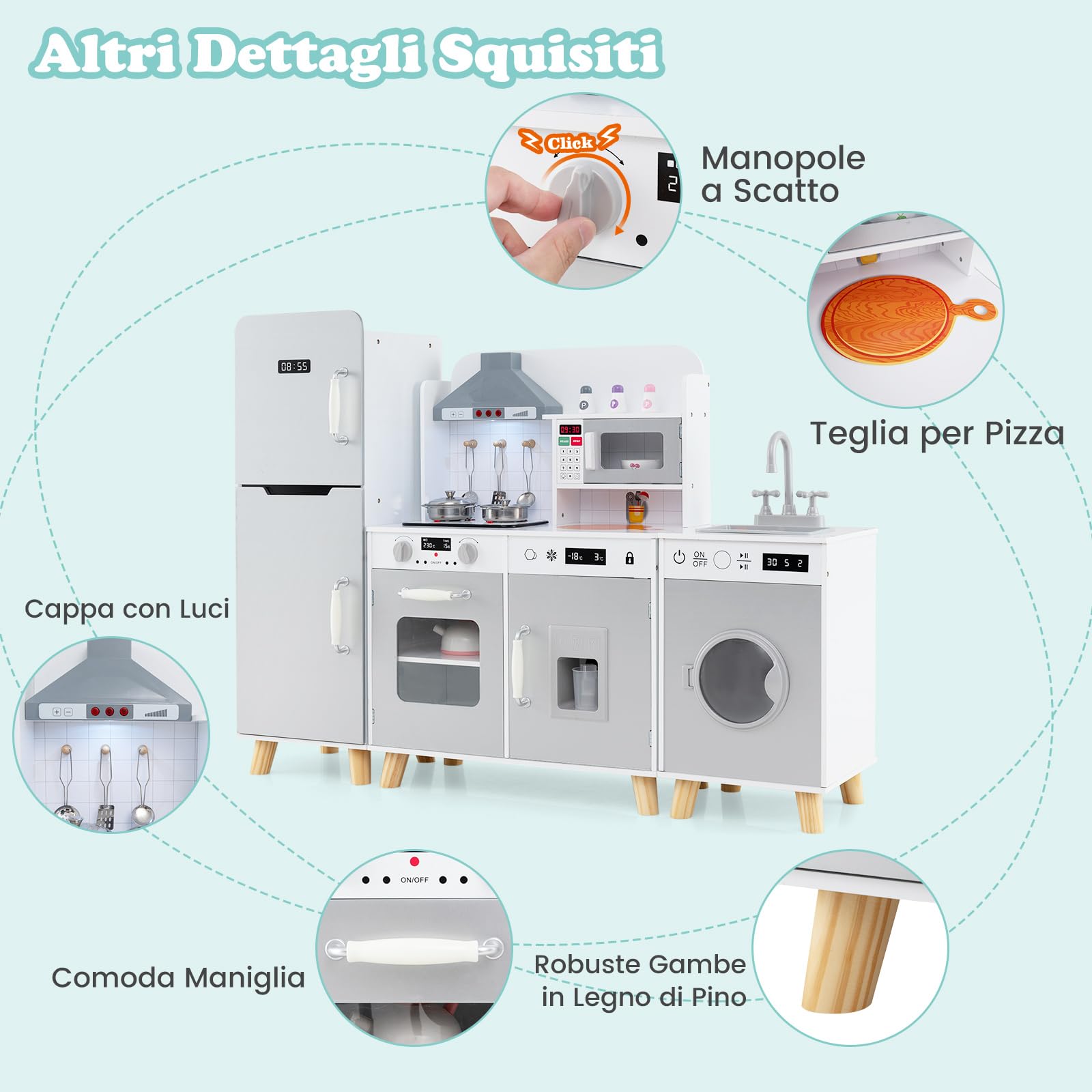 RELAX4LIFE 3 IN 1 Cucina Giocattolo per Bambini, Mini Cucina in Legno, Suoni e Luci Realistici, Cucina Giocattolo con Lavello, Fornelli, Frigorifero, per Bambini 3+ Anni (Grigio)