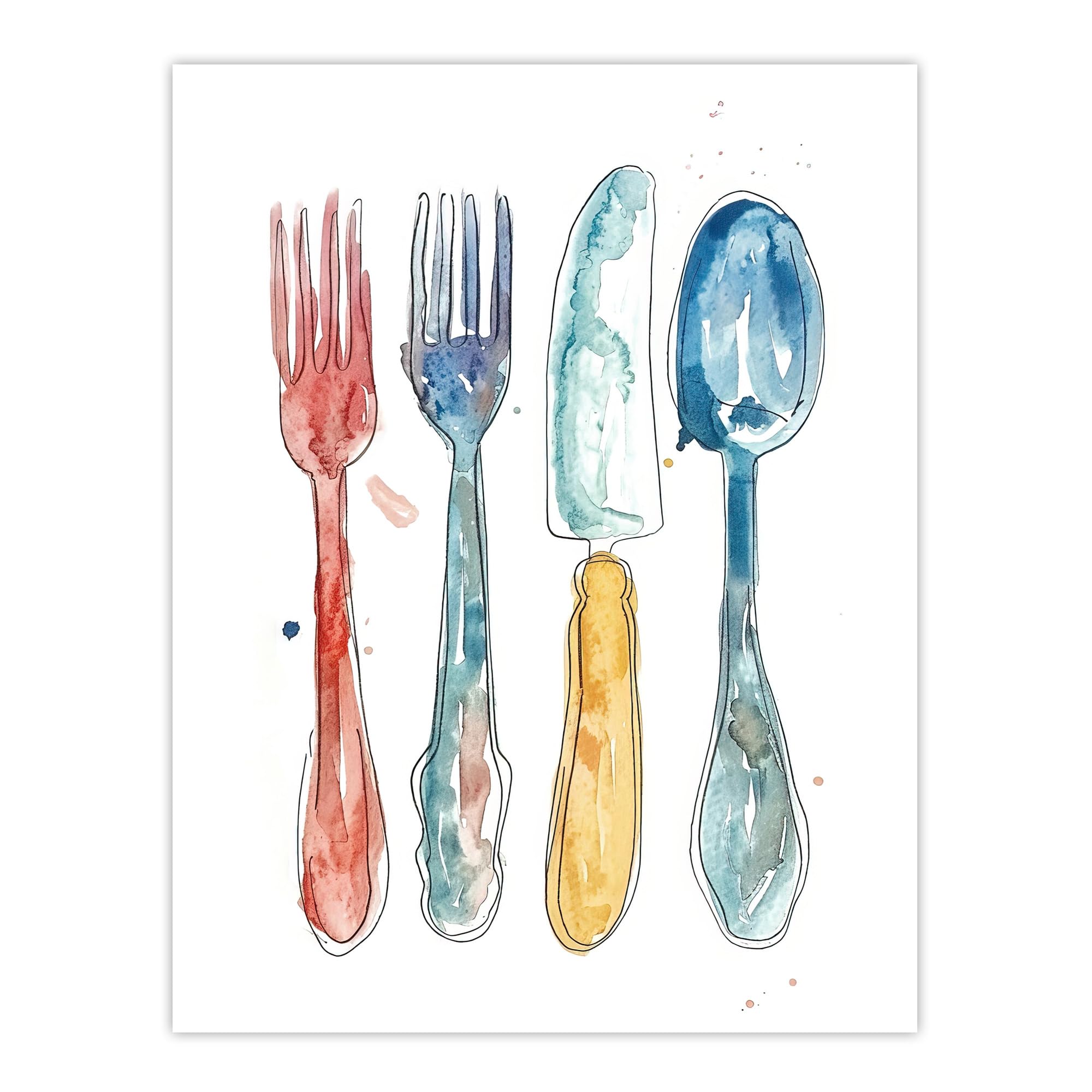 Cutlery Fork Knife Spoon Watercolour Print - Artery8 - W24 inch x H32 inch - Grey