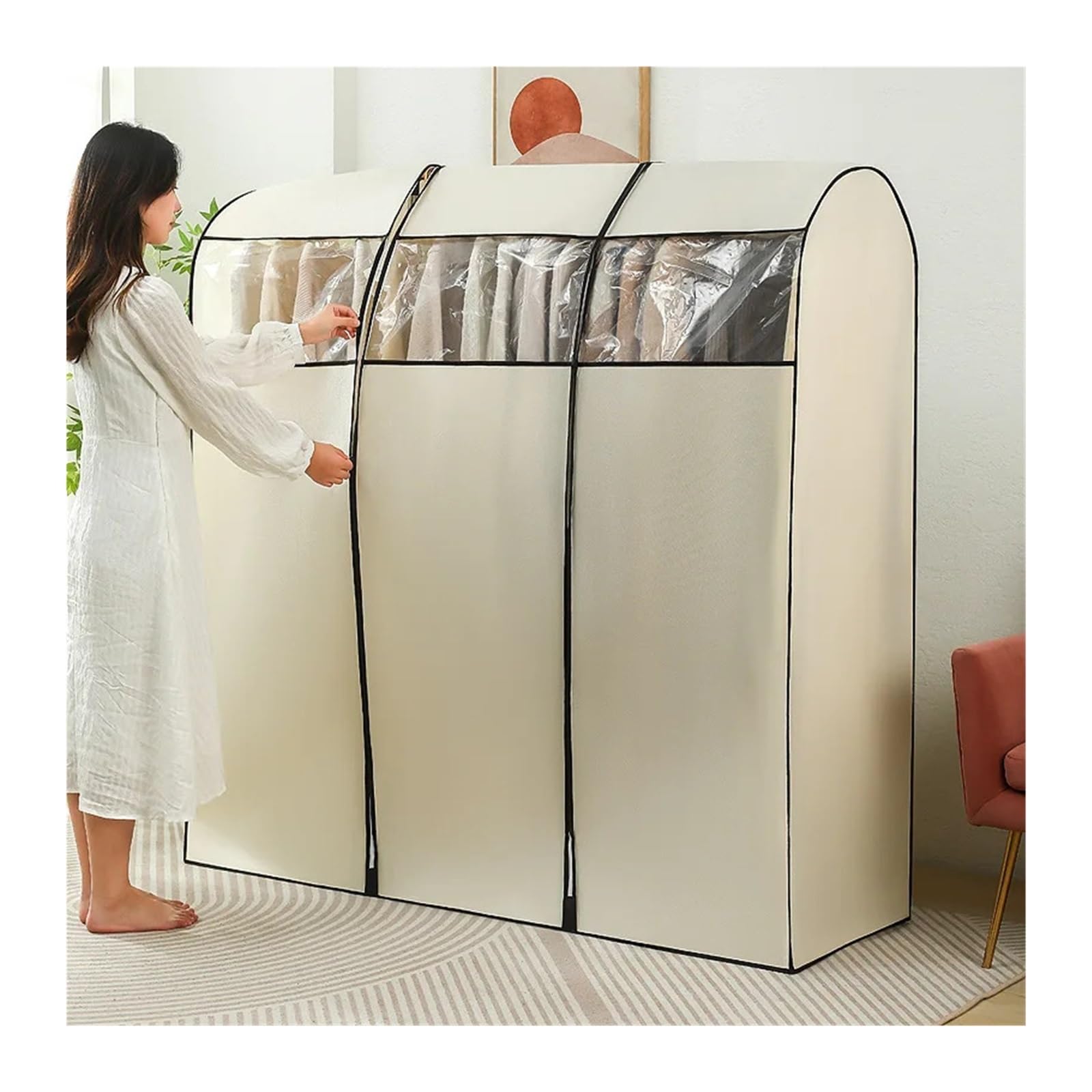 Kleiderbügel-Abdeckung Graue, atmungsaktive Kleidersäcke aus Vliesstoff for Aufhängen | Aufbewahrungstasche für Schlafzimmer, gut versiegelt, Bodenaufhänger, Staubschutz, Schrank (Beige, XXL (100 x 50 x 150 cm)