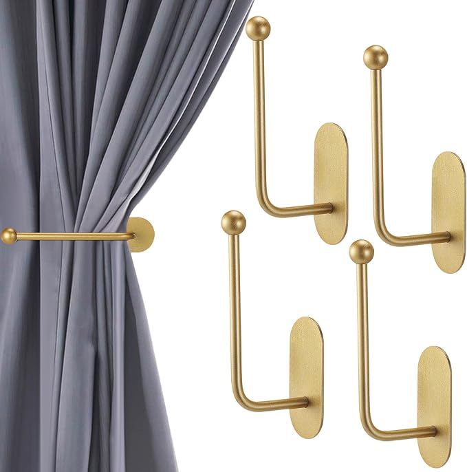 4 Pcs Adhesive Curtain Holdbacks No Drill Curtain Holdbacks Curtain Tie Backs Retro Window Hook for Drapes Home Decor (Gold)