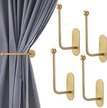 CroBlissful 4 Pcs Adhesive Curtain Holdbacks No Drill Curtain Holdbacks Curtain Tie Backs Retro Window Hook for Drapes Home Decor Gold