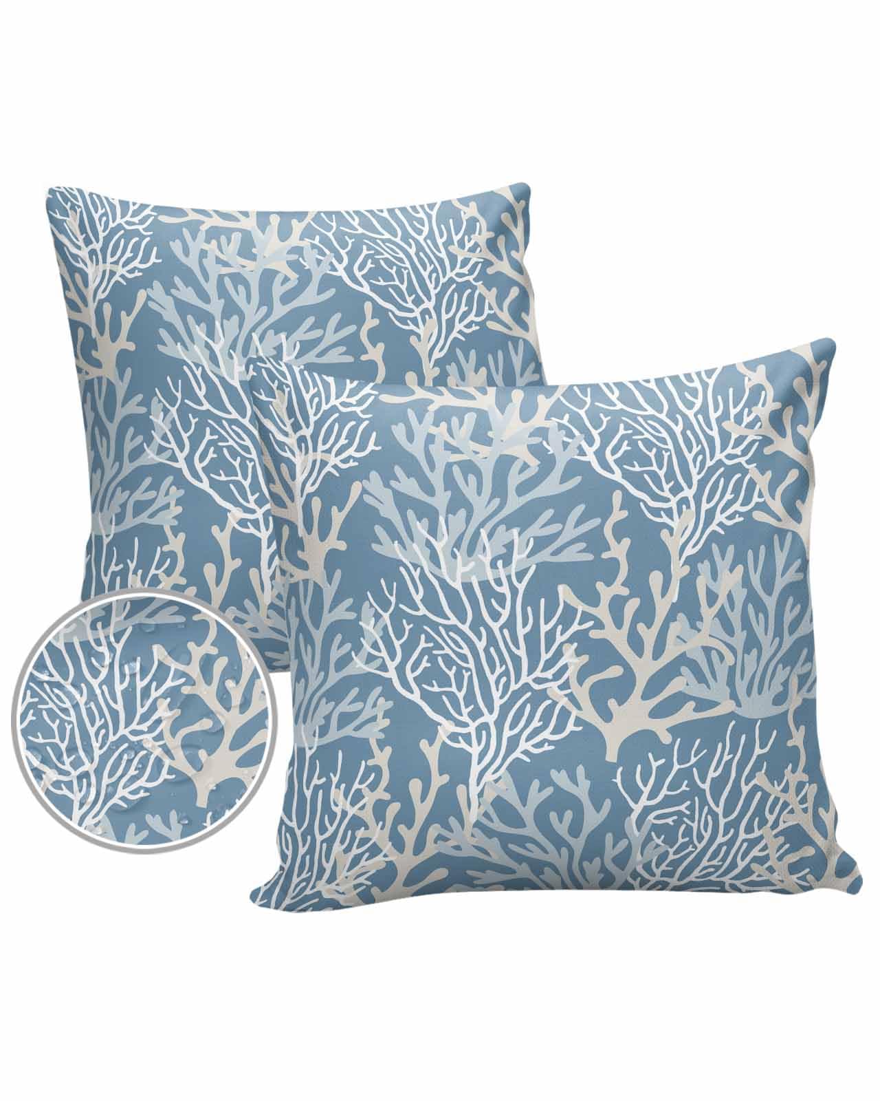 Pack of 2 Outdoor Pillow Covers 18x18 Waterproof Blue Coral Coastal Throw Pillow Covers, Decorative Pillowcases Nautical Ocean Marine Organism Cushion Covers for Patio Garden Couch Pillow Case
