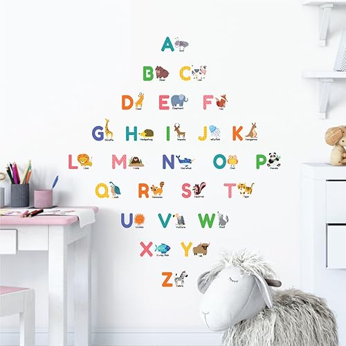 Miniatura 7 de DECOWALL DS-8014 - Alfabeto colorido de animales, ABC, letras, niños, calcomanías de pared adhesivas de pared, desprendibles, adhesivos de pared