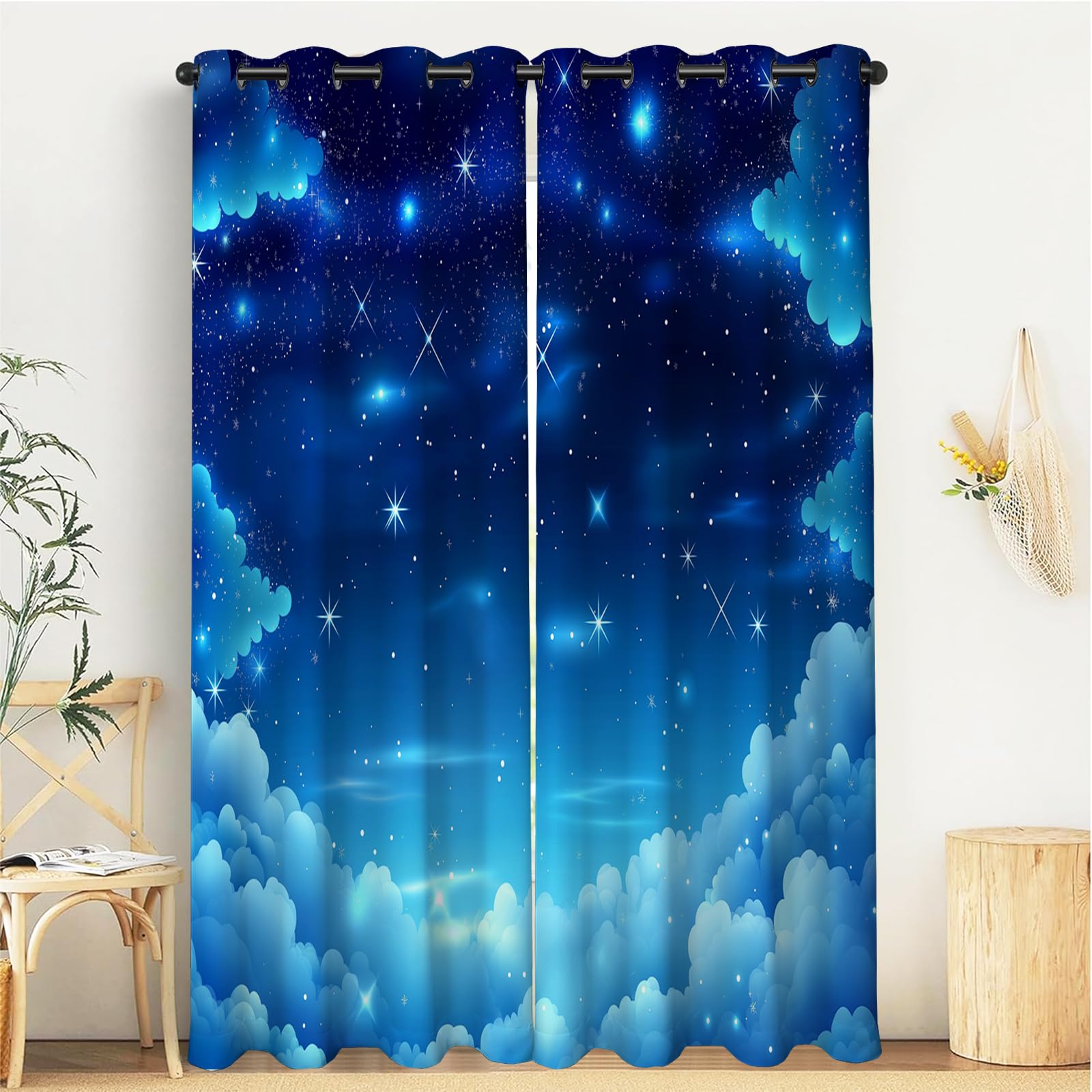 Rideau occultant thermique bleu 117x137cm isolant anti froid paysage nuages 3D