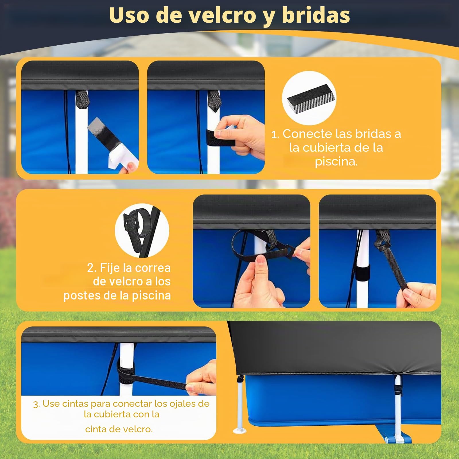 Cubierta de piscina rectangular, con cordones, para piscina con marco rectangular, resistente al polvo, impermeable, cubierta de piscina rectangular, protección UV, marco de piscina (400 x 215 cm)