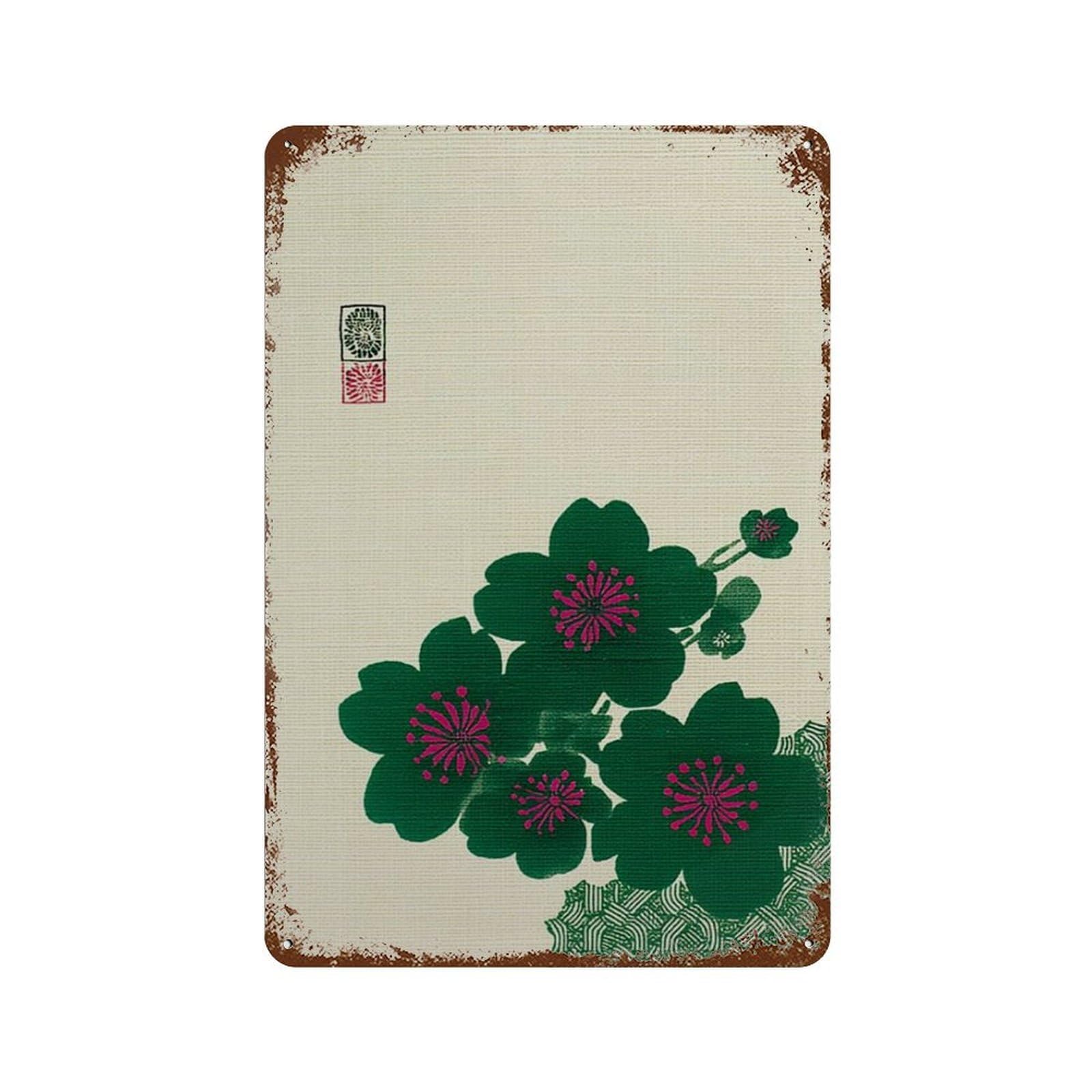 xiaoxiaoshen Green Sakura Blossom Japanese Floral Minimal Botanical Nature Wall Decor Art Metal Tin Poster Modern Home Decor Art Home Bar Shop Decorations Vintage Sign 30x20cm