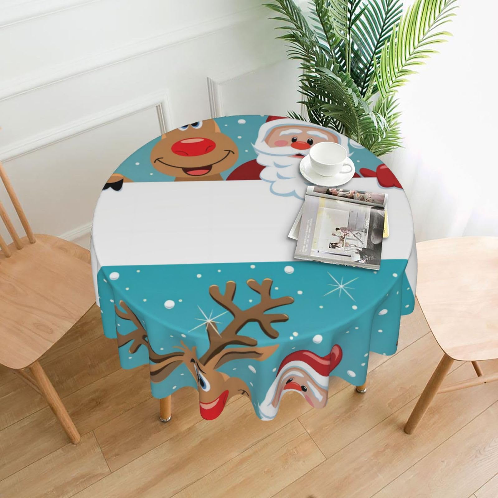 WHJSSF Sant Claus Deer Prints Round Decorative Table Throw 60 Inch – Waterproof Table Cover for Dining, Coffee Tables, and Outdoor Events