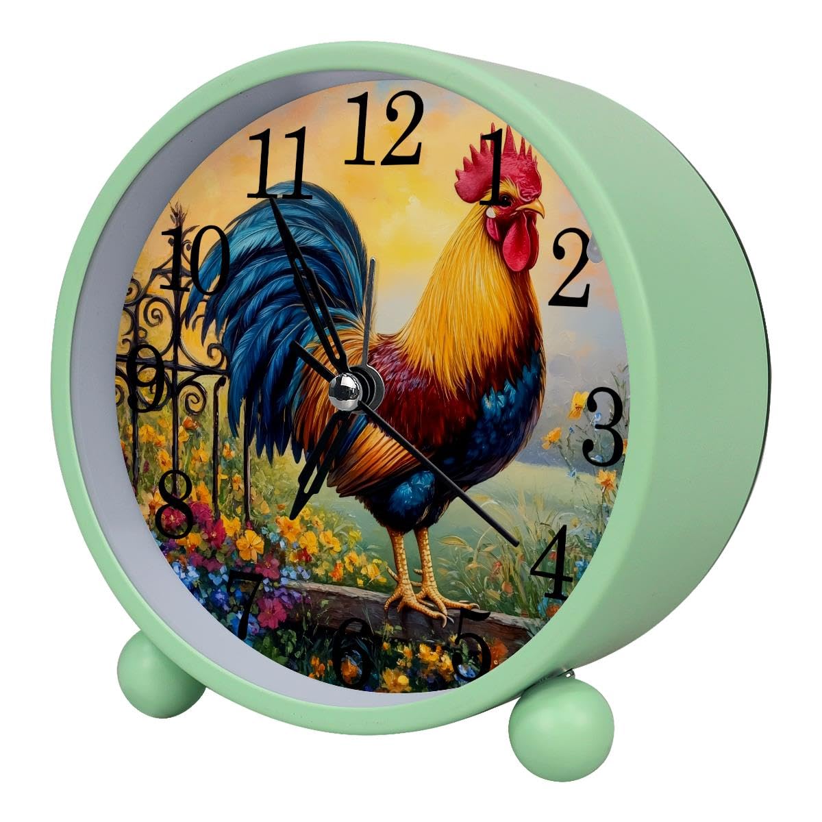Luoweisi Alarm Clock Rooster Floral, Silent Non-Ticking with Night Light, Round Metal Alarm Clock for Office, Battery Operated, Bedroom, Elderly, Adults, Children, Student Gifts