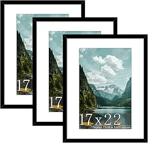 Picrit 17x22 Picture Frame 3 Pack, Black Poster Frame, Display Poster 12 x 18 with Mat or 17 x 22 without Mat for Horizontal or Vertical Wall Mounting