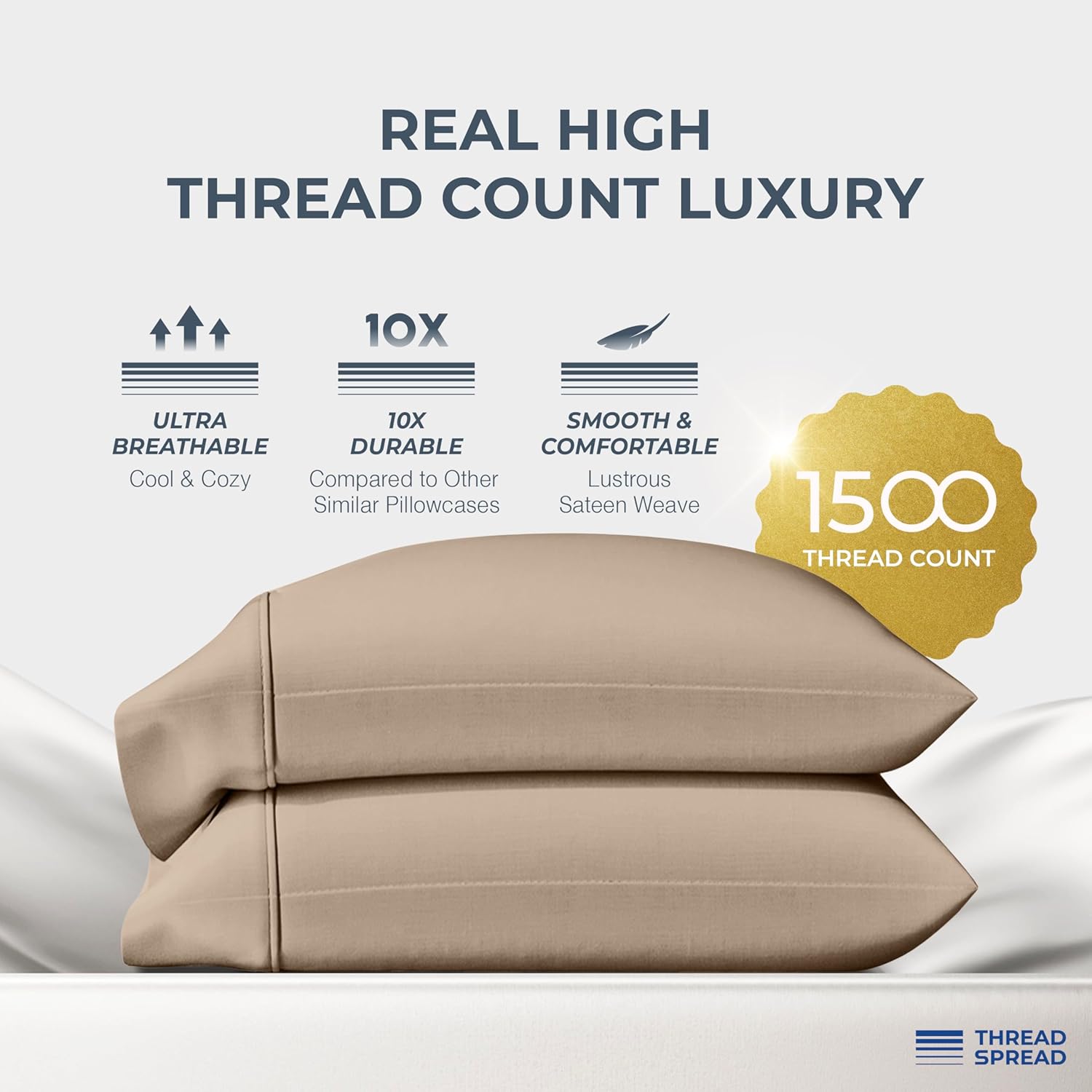 Thread Spread 100% Egyptian Cotton Pillow Cases Standard/Queen Size Set of 2 - Luxury 1500 Thread Count Sateen Taupe Pillow Cases, Silky Soft Cotton Pillowcases Fits Standard & Queen Pillows - Image 2