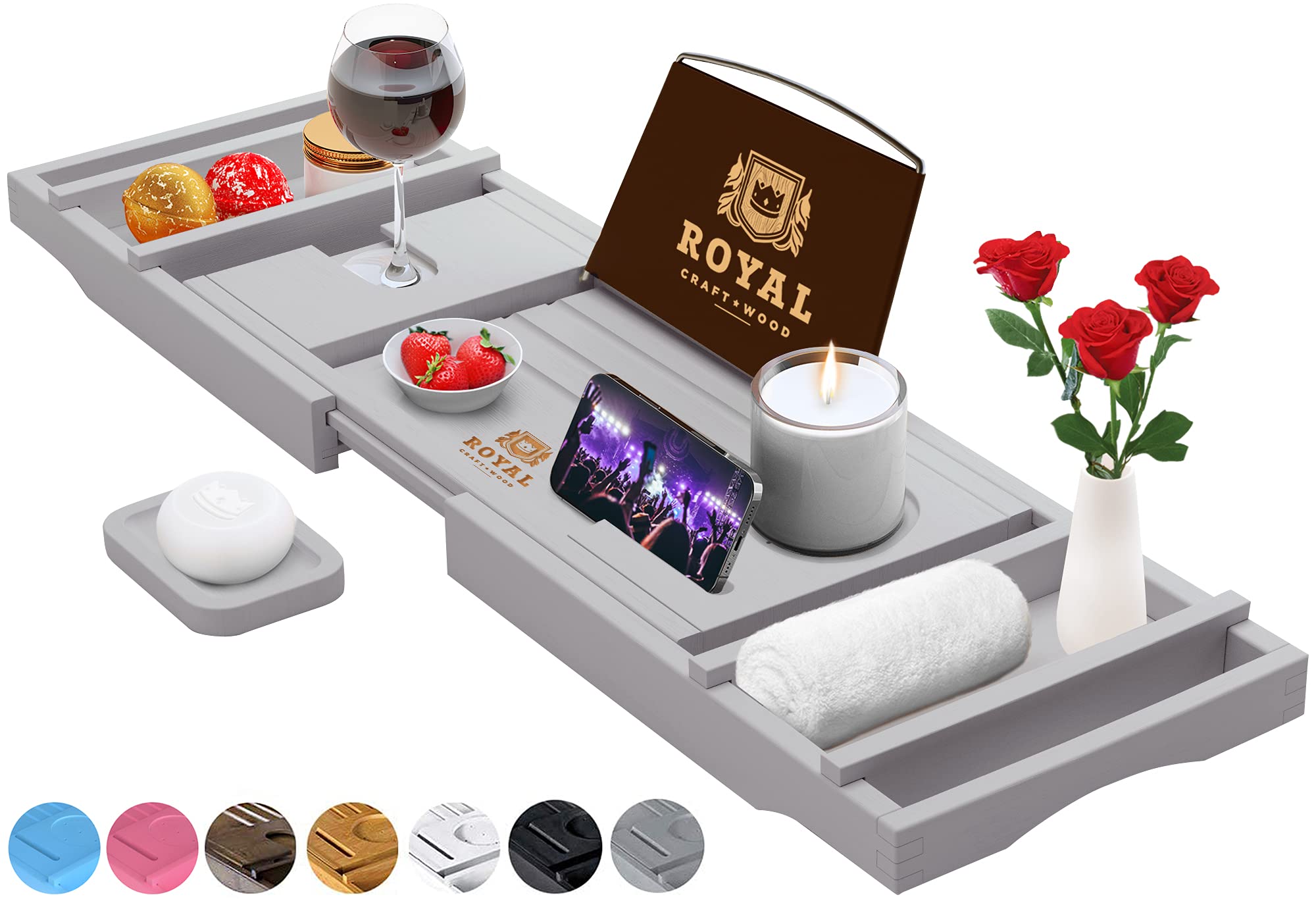 royal craft wood luxury bamboo bathtub caddy tray with book and wine holder - 1 or 2 person bath and bed tray with extending sides - free soap dish - (gray)