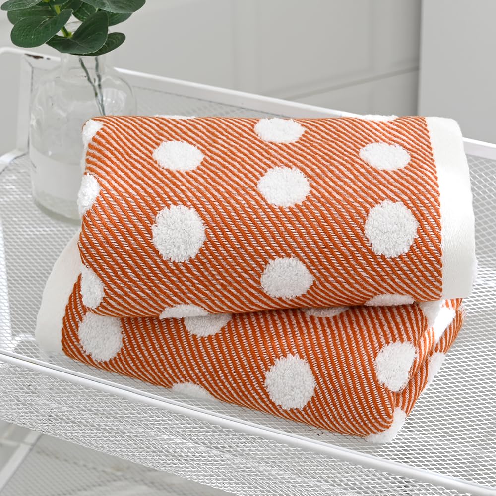 sense gnosis Orange Hand Towel Set of 2 Super Soft 100% Cotton Absorbent Jacquard Striped Pattren Lint Free White Terry Polka Dot Bath Hand Towels for Bathroom Yogo - Image 4