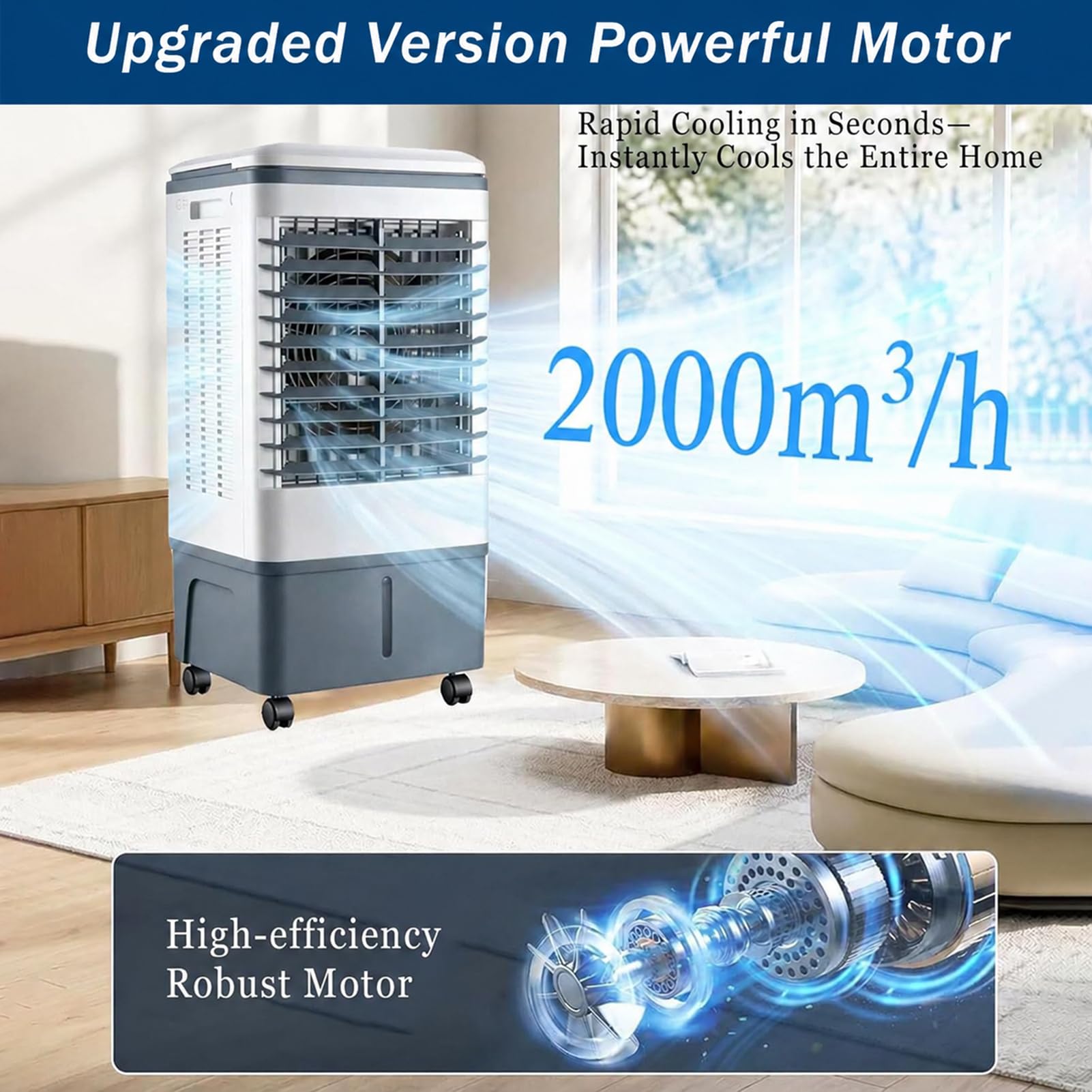 Verdunstungskühler Mit 20L Tank, Klimagerät Ohne Abluftschlauch Mit Wasserkühlung, 3 Geschwindigkeiten, Schwenkbar nach links und rechts, 7,5h Timer – Ideal Für Zuhause, Wohnung, Camping