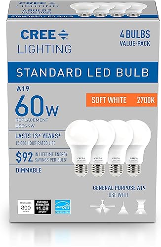 Miniatura 2 de Cree Lighting Bombilla LED A19 de la serie básica, bombilla LED regulable de 2700 K, 60 W + 800 lúmenes, blanco suave, paquete de 4