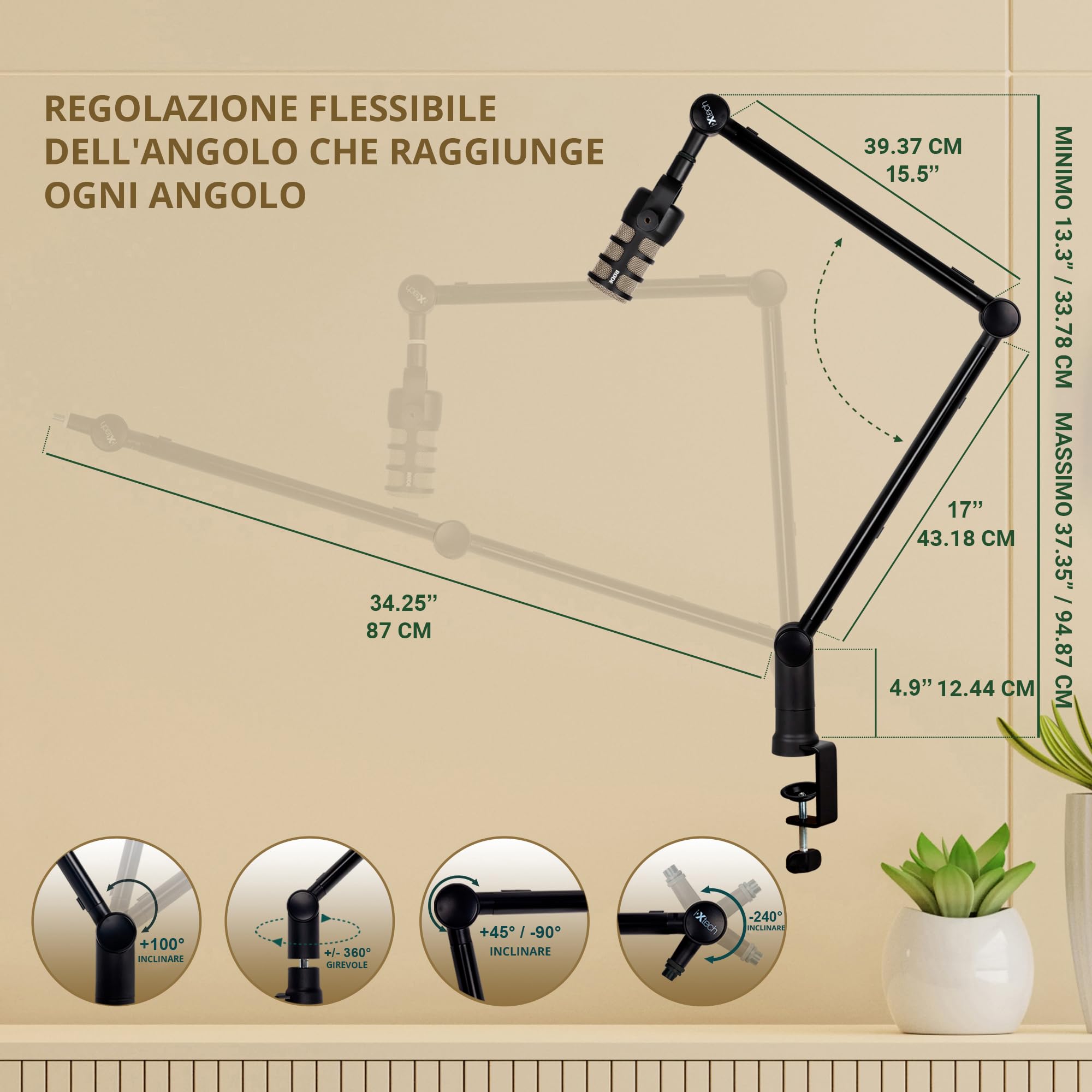 IXTECH Braccio per microfono con supporto da scrivania, montaggio a forbice girevole a 360°, regolabile e pieghevole per podcast, videogiochi, radio e audio da studio, robusto e universale