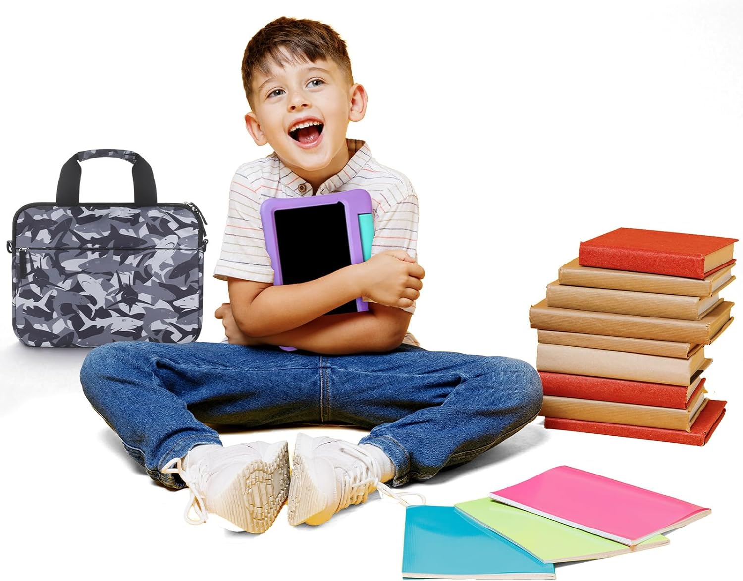 Kids Tablet Bag for Boys, Kids Tablet Carrying Case for Fire HD 10, HD 8, Fire 7 Sleeve Bag Kid Kindle Bag, iPad Bag for Kid, Shark Black - Image 2