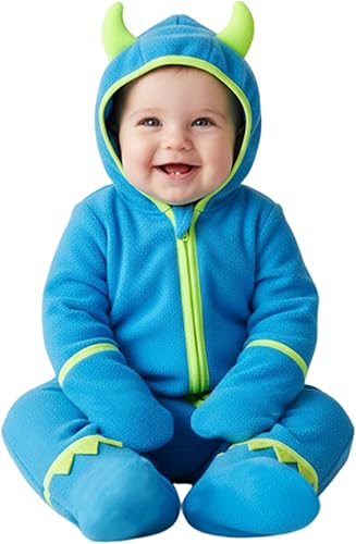 PATPAT Fleece Baby Hooded Footed Romper Clothes, Cozy Soft Warm Footie Covers Mittens, Car Seat Friendly, Easy Zip, Cute Boy Girl, Newborn Infant Bodysuit Bunting Blue Monster 6-12 Months