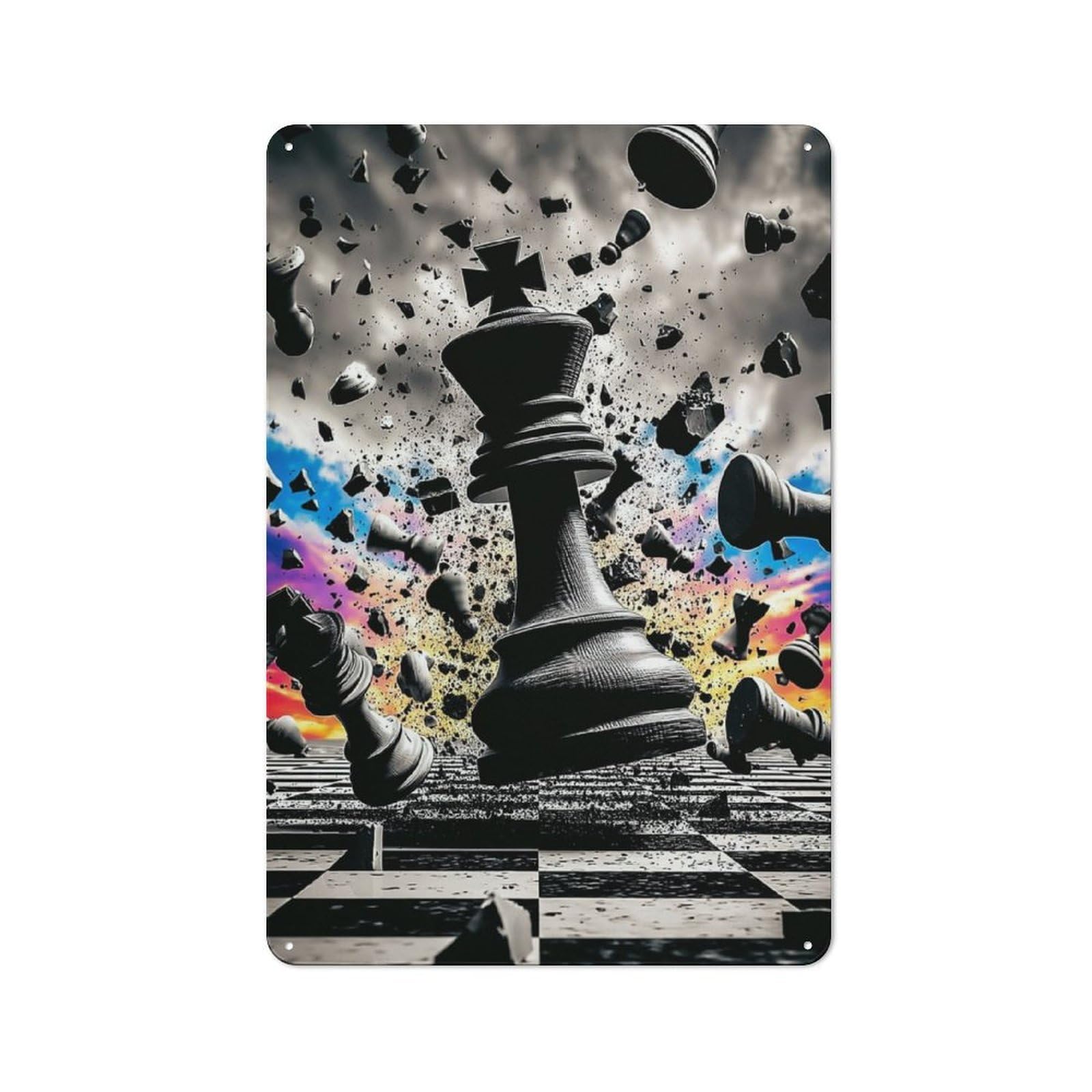 Junmoney Chessboard Chaos A Surreal Battle Industrial Decorative Metal Plaque 30X20cm Featuring Urban Room Decor For Flat, Bar, Studio Or Gallery Wall