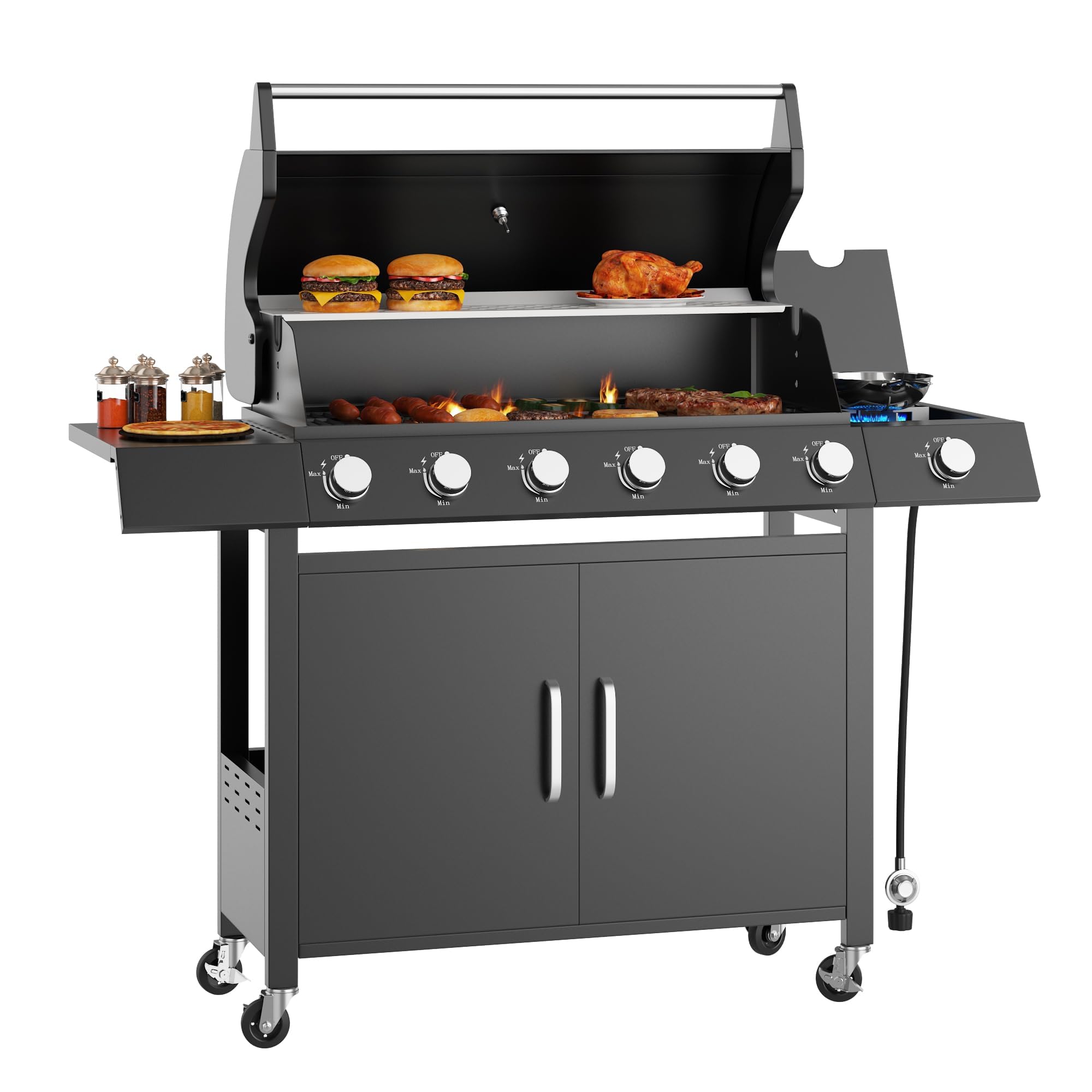 Garvee Gasgrill Mit 6+1 Brennern, 60.000 BTU, Seitenbrenner & Unterschrank | Edelstahl Gusseisenroste Warmhalterost Thermometer Rollen – Wetterfest für Garten & Terrasse