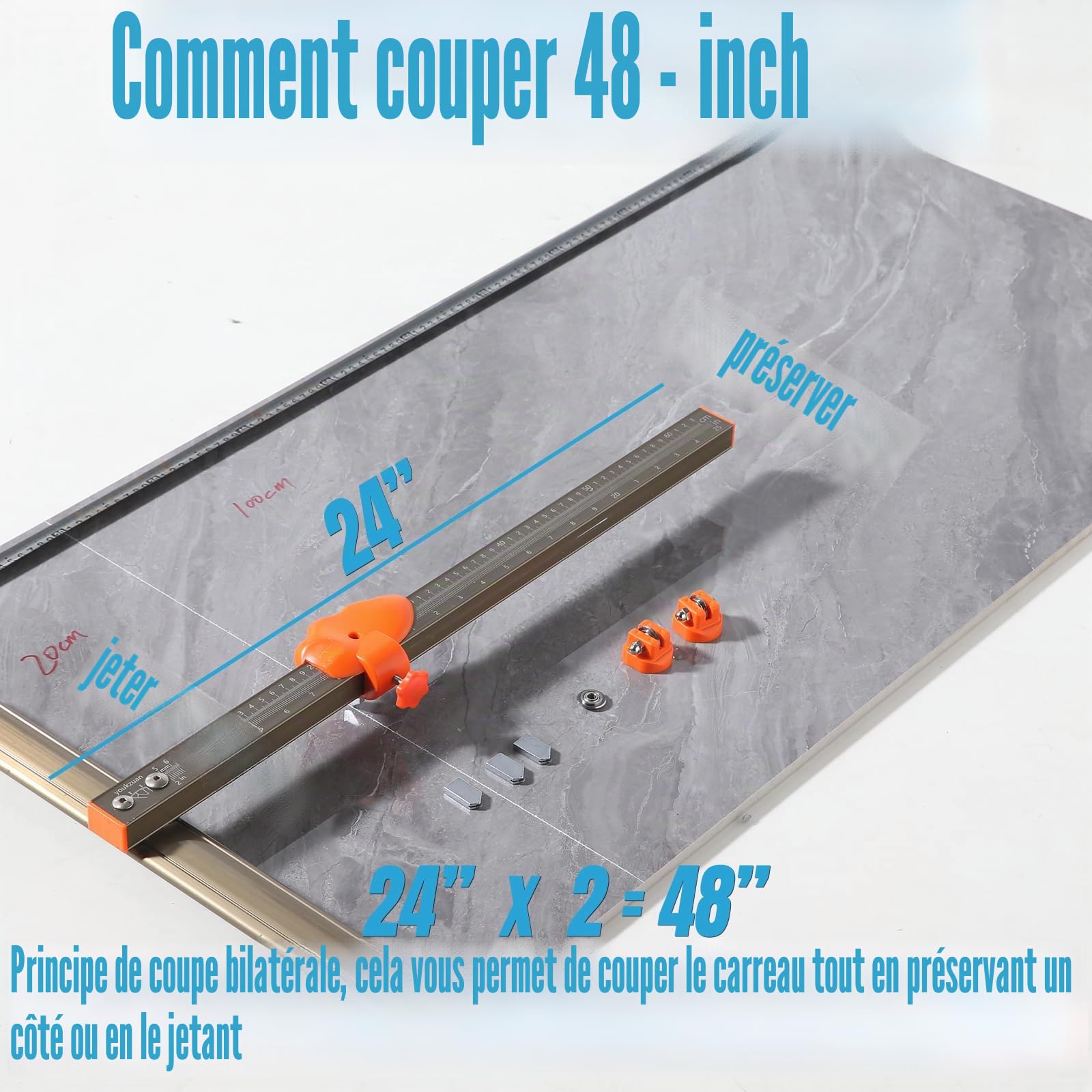 kit d'outils professionnels pour couper les carreaux de porcelaine avec un grand coupe-carreaux (peut couper 120cm), une pince à casser, 3 lames de coupe et 3 roues de coupe