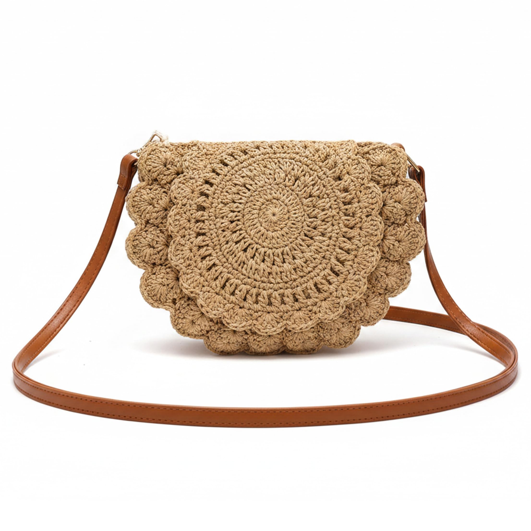 Ameble Boho Crochet Cotton Rope Woven Crossbody Bag for Women, Saddle Purse, Shoulder Bag, Casual Summer Beach Travel Essential, Khaki