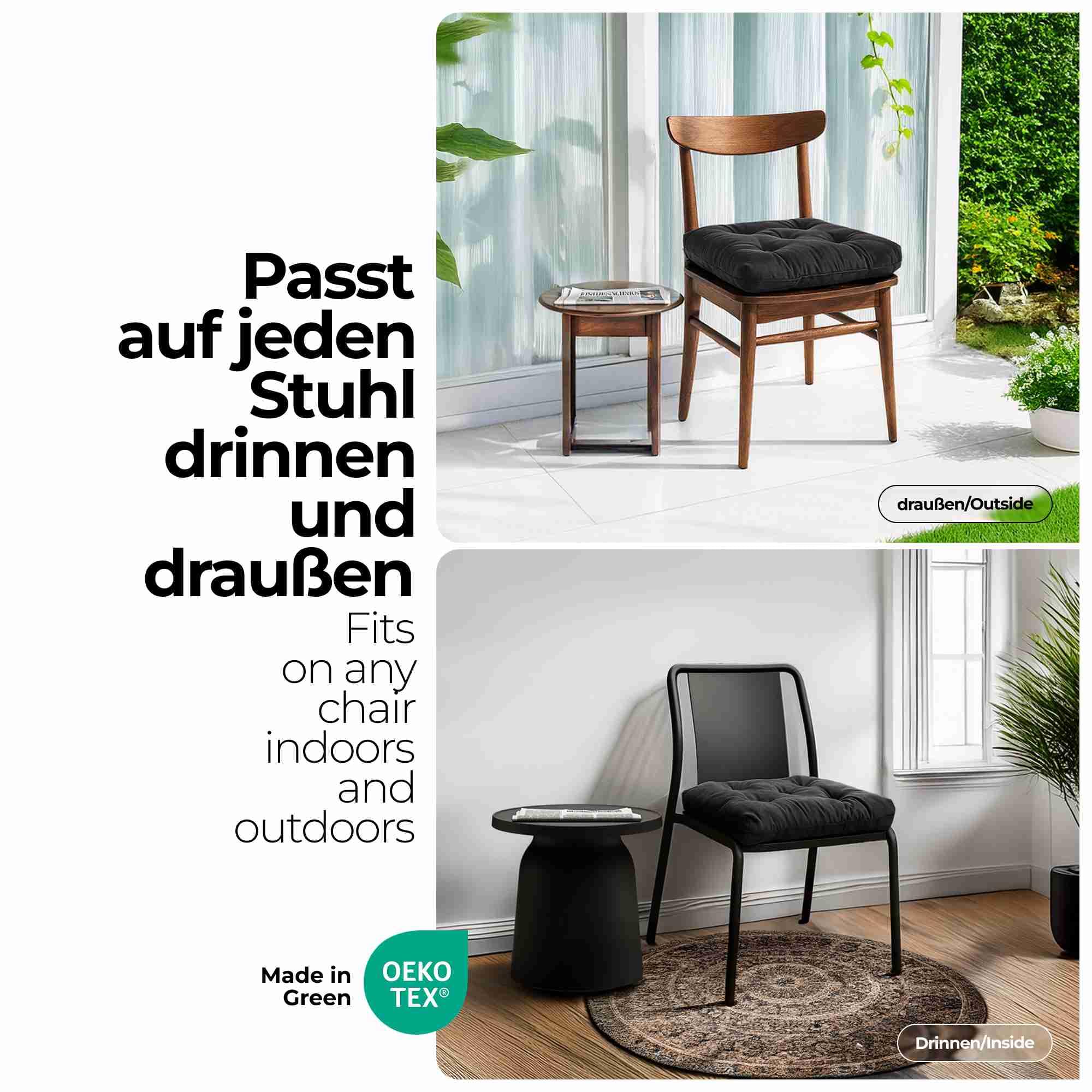 etérea Sitzkissen 42x42 cm 4er Set - Anthrazit 8 cm hoch - Bodenkissen für Indoor, Outdoor, Küche, Garten, Auflage - Heidi Stuhlauflage - 4 Stück Stuhlkissen 40x40 cm Anthrazit