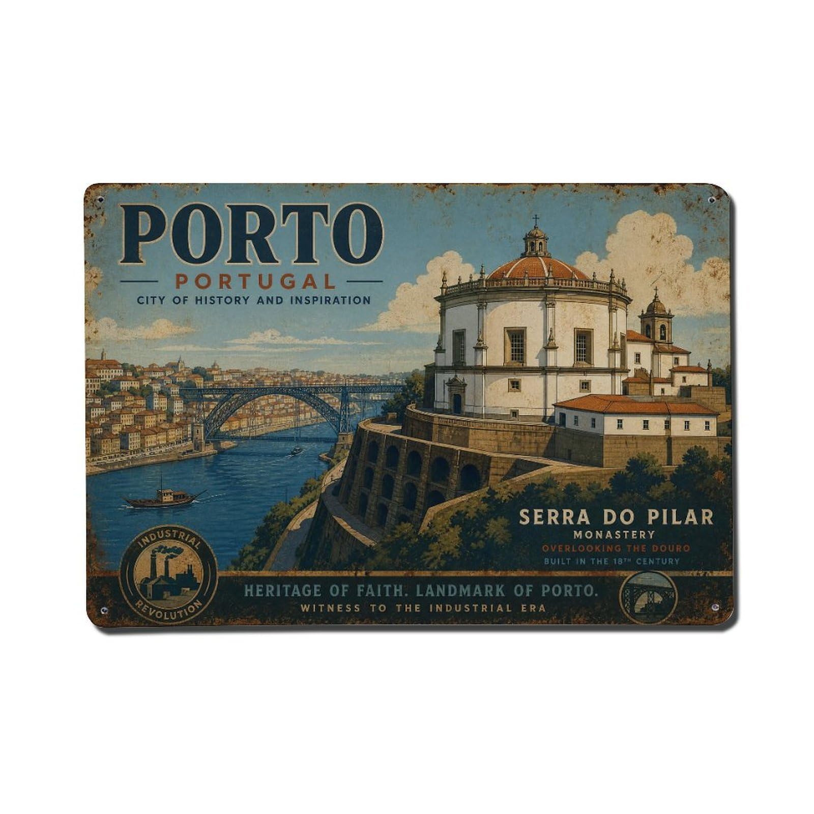 Vintage Travel Gaia Monastery Hilltop View Portugal Metal Tin Sign