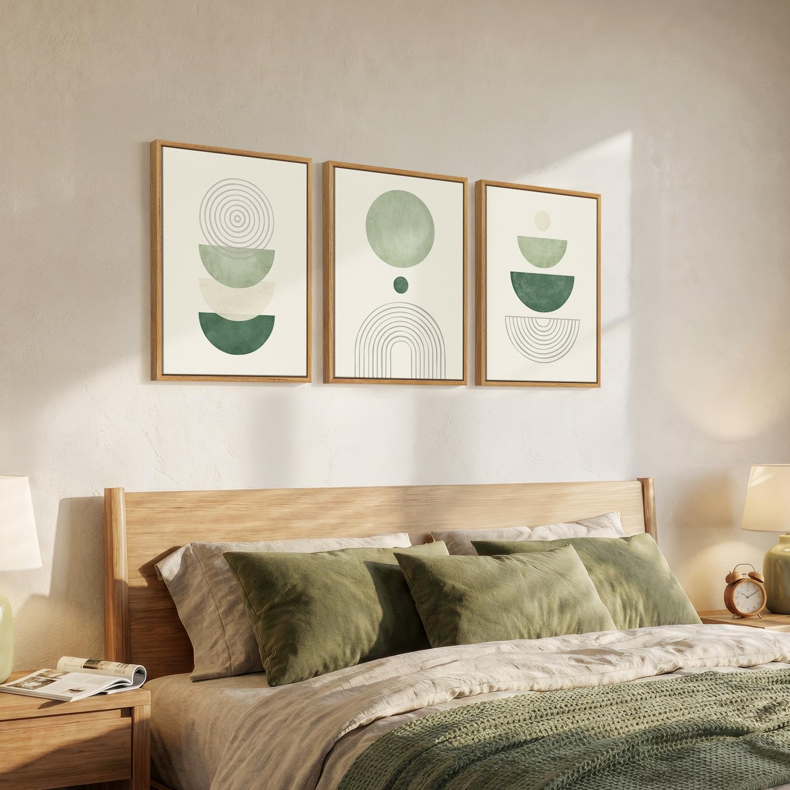 3 Piece Framed Green Boho Canvas Wall Art Set, Minimalist Geometric Abstract Wall Decor, Sage Green Beige Print Paintings for Bedroom Bathroom Hallway Office 12x16 Inch - Gallery view