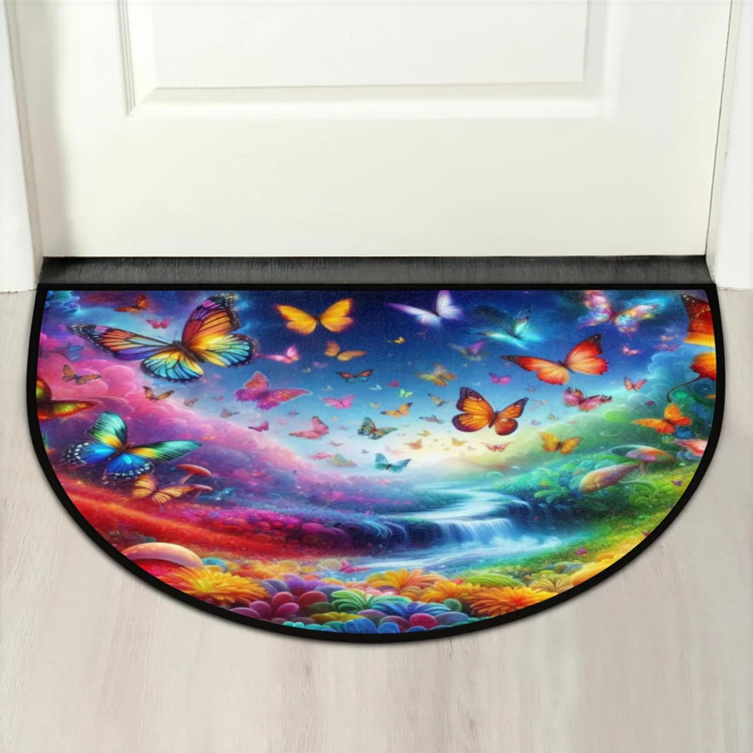 Half Round Doormat Colored Butterfly Flower Non Slip Half Circle Area Rugs Indoor Washable Half Moon Rug Semi Circle Bathroom Runner Mat Entrance Floor Carpet for Kithen Bedroom Fireplace Decor