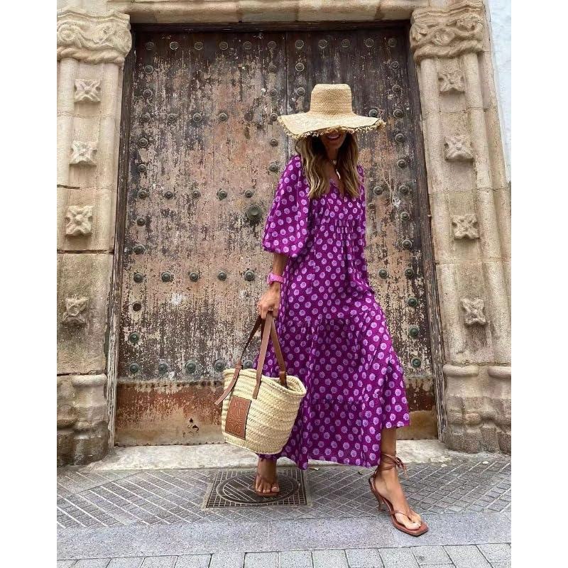 Image of Womens 2024 Casual Boho Maxi Dresses V Neck 3 /4 Puff Sleeve Geometric Pattern Smocked Ruffle Beach Long Sundress (D,Large)