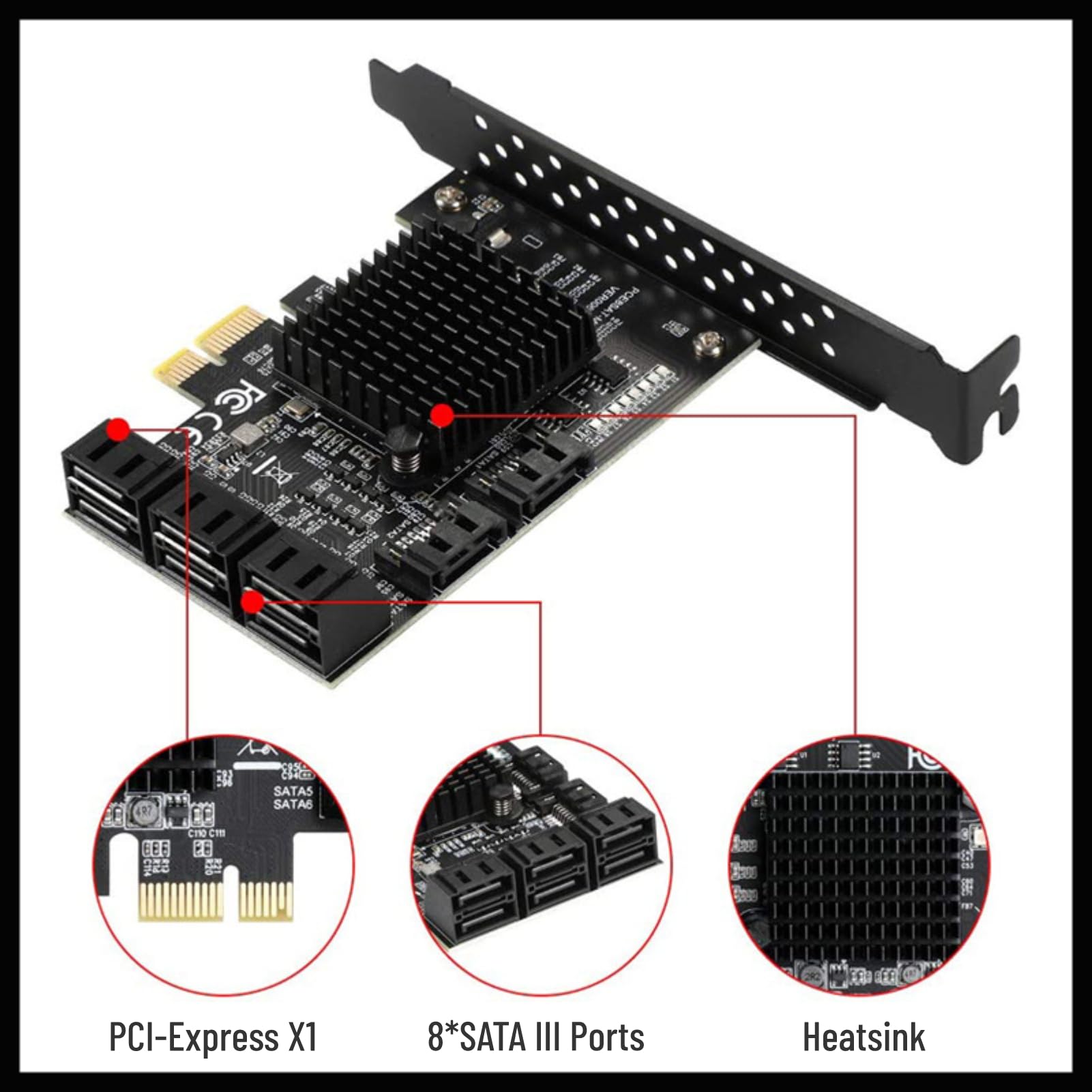 Tarjeta SATA de 8 Puertos, Tarjeta de expansión de Controlador PCI-E a SATA 3.0 con Soporte de Perfil bajo, Tarjeta de expansión de Interfaz SATA3.0 para Windows 7/8/XP/10