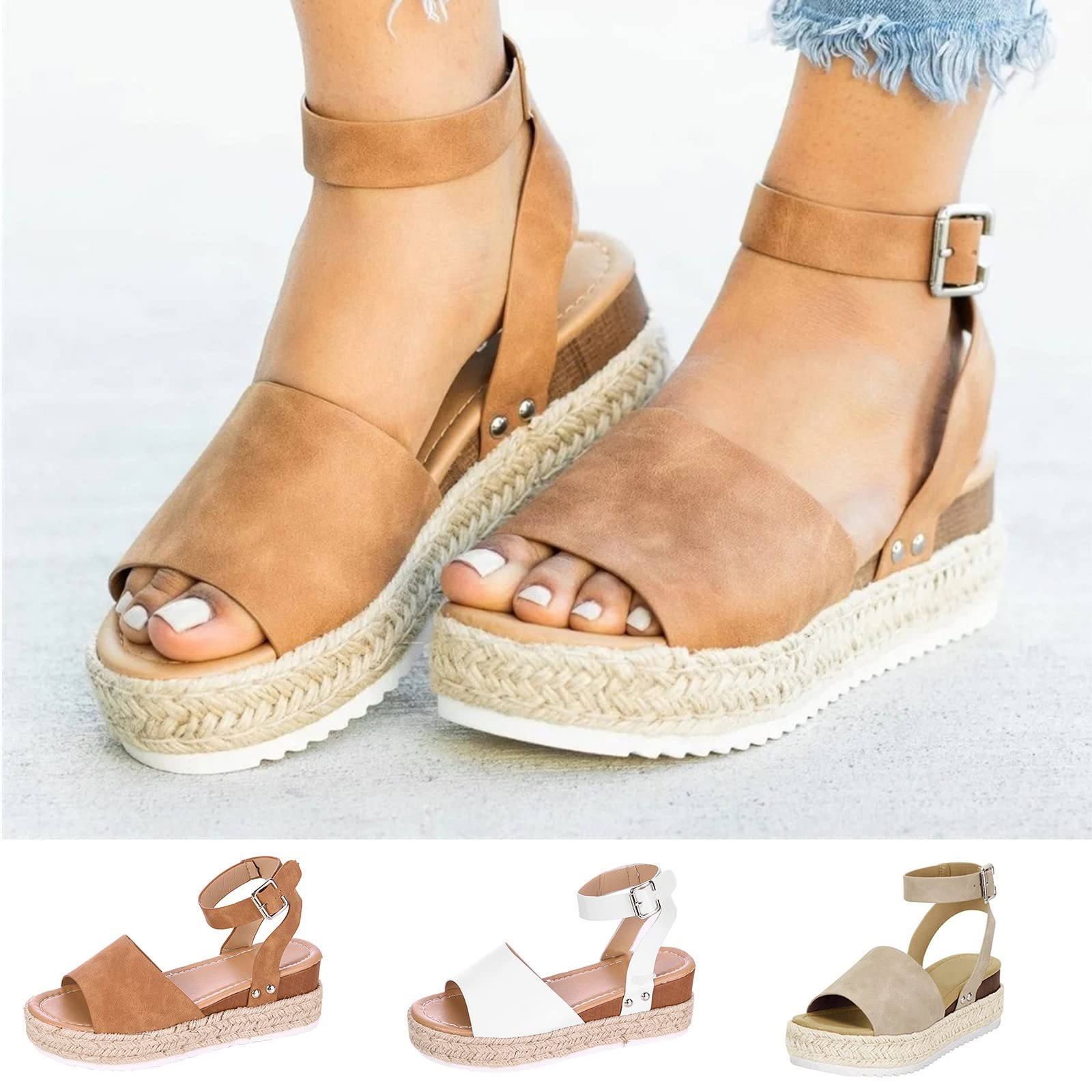 GenericWomens Espadrilles Wedges Sandals,Summer Casual Espadrille Slide On Platform Sandals Comfort Open Toe Ankle Elastic Strappy Studded Flatform Sandal Shoes