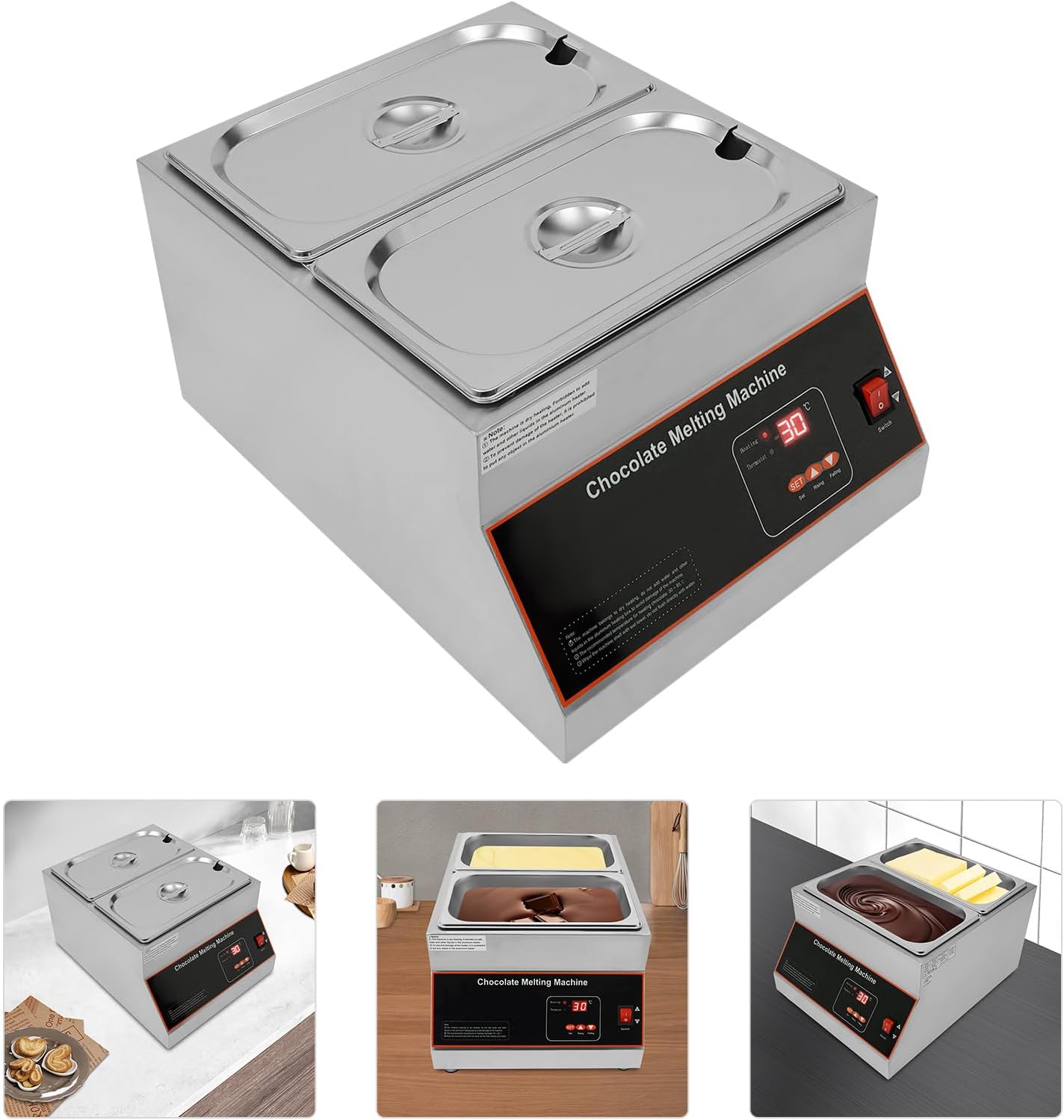 Commercial Chocolate Melting Pot, Electric Chocolate Warmer for Fast Even Melting, 110V Chocolate Tempering Machine for Bakeries, Catering, Chocolate Heating (US Plug) (2 tanks)