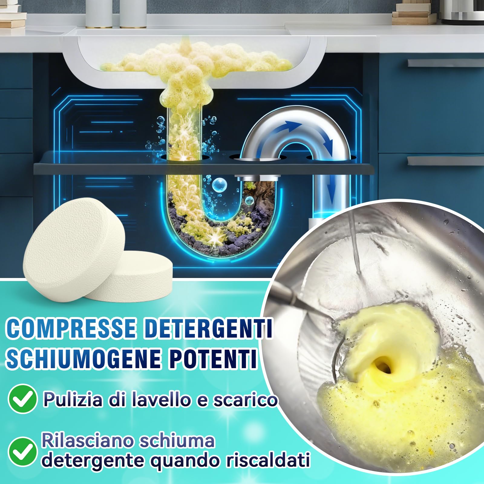Pastiglie per la Pulizia degli Scarichi Maleodoranti – 25 Compresse Effervescenti – Elimina Cattivi Odori da Lavandino, WC, Doccia e Cucina – Adatte per Tubature PVC, Acciaio e Fosse Settiche