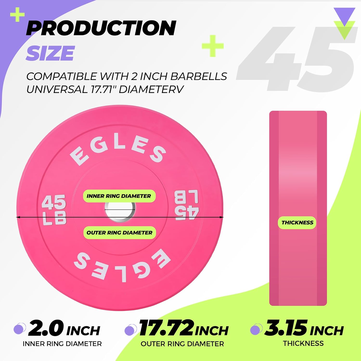 egles vibrant colorful olympic weight plates, rubber barbell plates, 2-inch standard virgin rubber bumper plate 10 15 25 35 45lb for home gym weightlifting, strength training, fit workouts pink 45lbx1