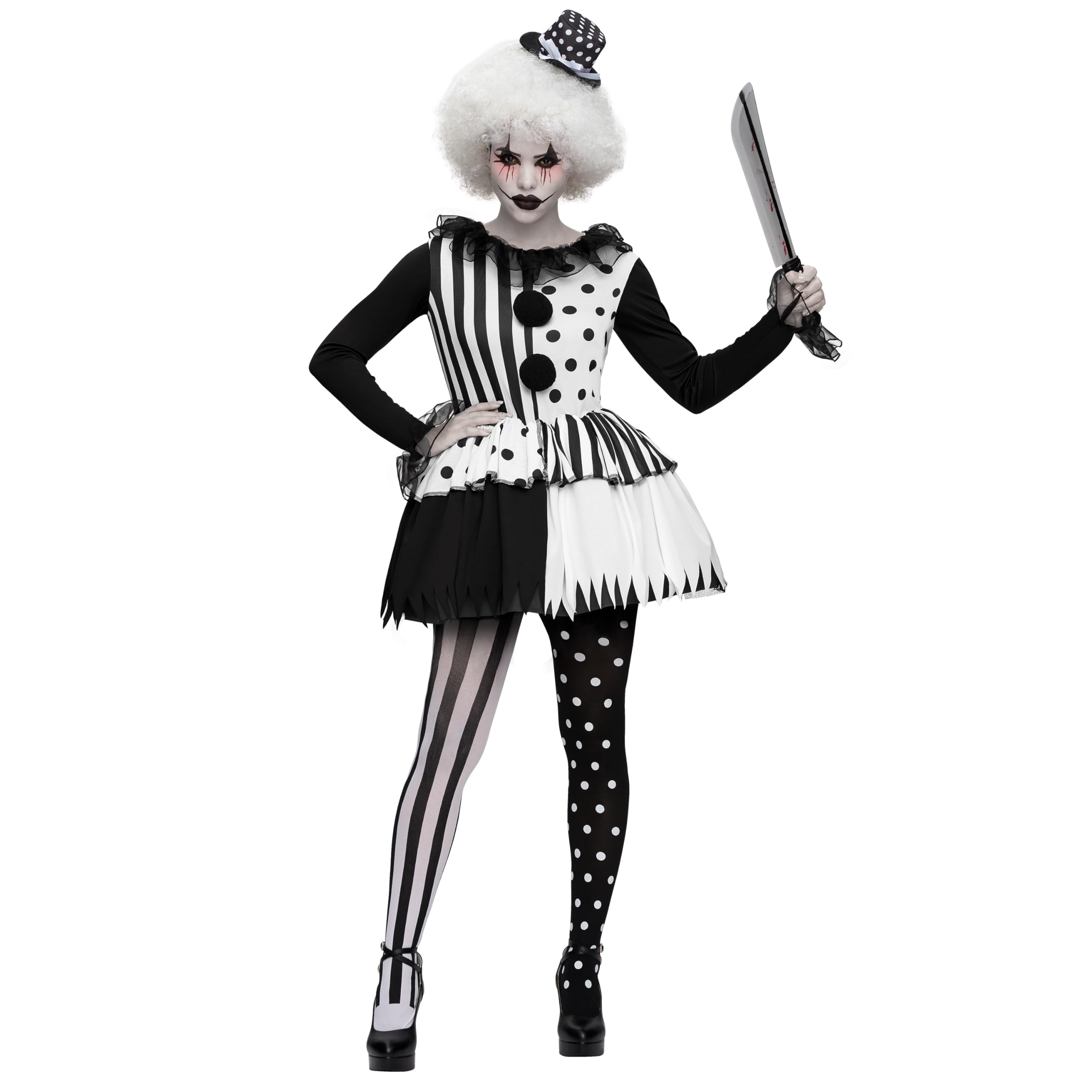 Spooktacular Creations Kostium klauna dla dorosłych kobiet, czarno-biały, na Halloween, kostium przerażający dla dorosłych, cosplay, rozmiar S