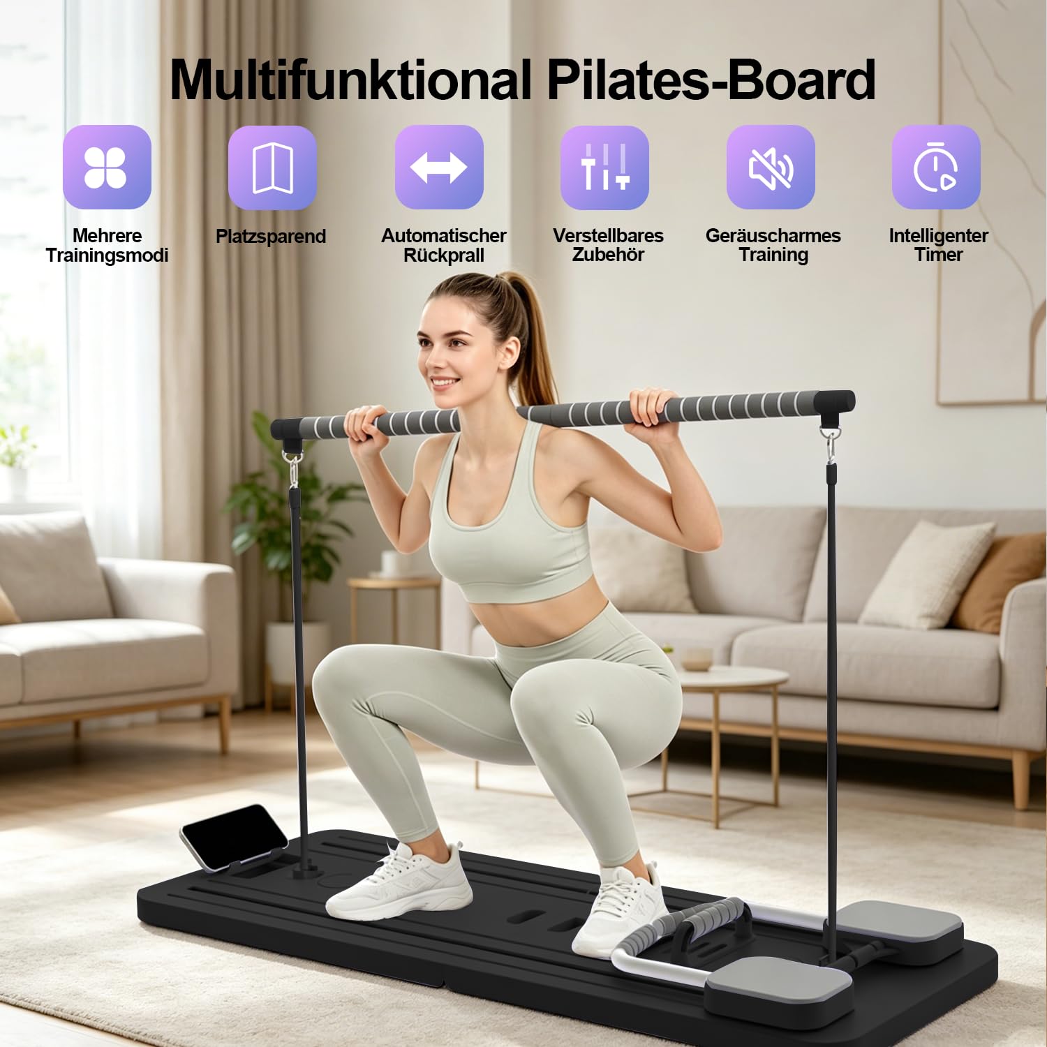 Multifunktional Pilates Board für Zuhause, Mini&Faltbarer Pilates Reformer Homegym(100+Ubungen), 10 in 1 Pilates Set für Ganzkörpertraining&Bauchtrainer, Brett 200KG inkl Automatisches Rebound
