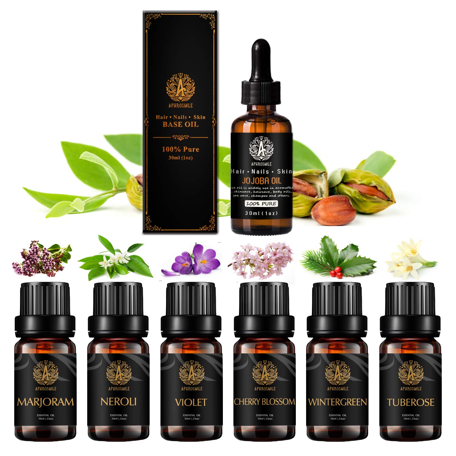 Aromaterapia Cerezo Flor Aceite Esencial Set para Difusor, 100% Puro Jojoba Aceite Esencial, 7x10ml 100% Puro Tuberose Aceites Esenciales Set-Neroli, Wintergreen, Violeta, Marjoram Aceites para Masaje