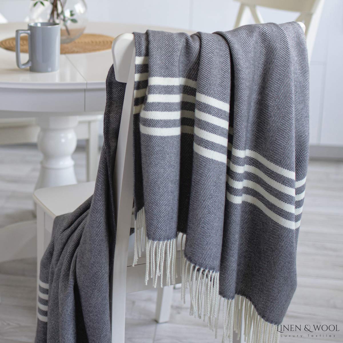 Linen & Cotton Manta Plaid de Sofá/Cama Brooklyn de 100% Pura Lana Merina,140 x 200cm, Gris