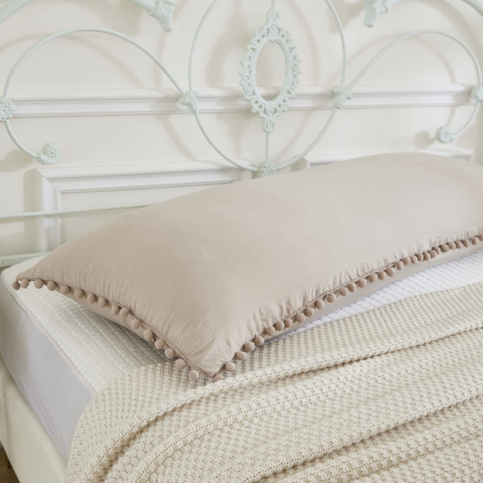 Taupe Body Pillow Cover 20x54 Boho Chic Pom Poms Fringe Decor Light Khaki Body Pillow Case Cover with Pocket Closure