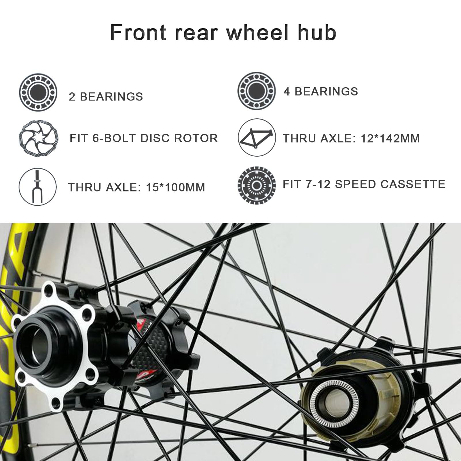 Set di Ruote MTB in Lega da 26/27,5/29 Pollici, Perno Passante, Freni a Disco Anteriori e Posteriori da 15 mm, 4 Cuscinetti, 8-12 velocità, per Mountain Bike con Pneumatici da 25-35 Pollici.