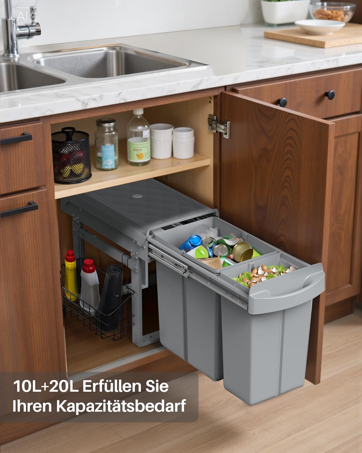 lovewind Abfallsammler Tandem 10L+20L, Mülltrennsystem Unterschrank mit kugelgelagerten Teleskopschienen, seitlichem Hängekorb, Vollauszug für Schränke ab 300mm Breite, Schiefergrau