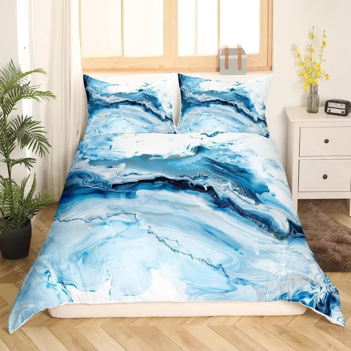 Housse de couette marbre bleu et blanc 200x200 cm en microfibre douce avec deux taies