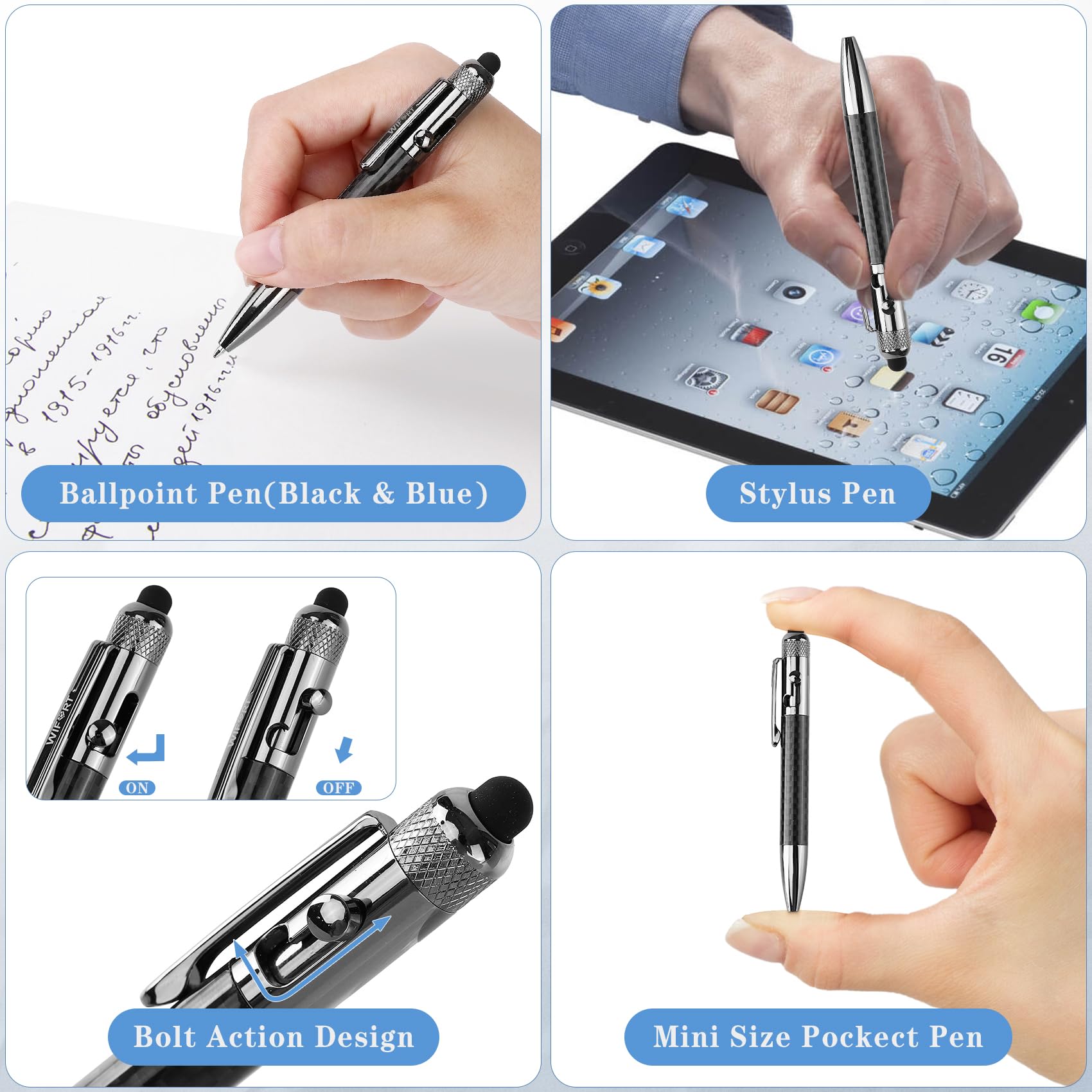 WIFORT Bolt Action - Mini lápiz capacitivo, bolígrafo multifuncional de fibra de carbono con bolígrafos de tinta negra y azul reemplazables EDC para oficina, trabajo, escritura, trabajo de