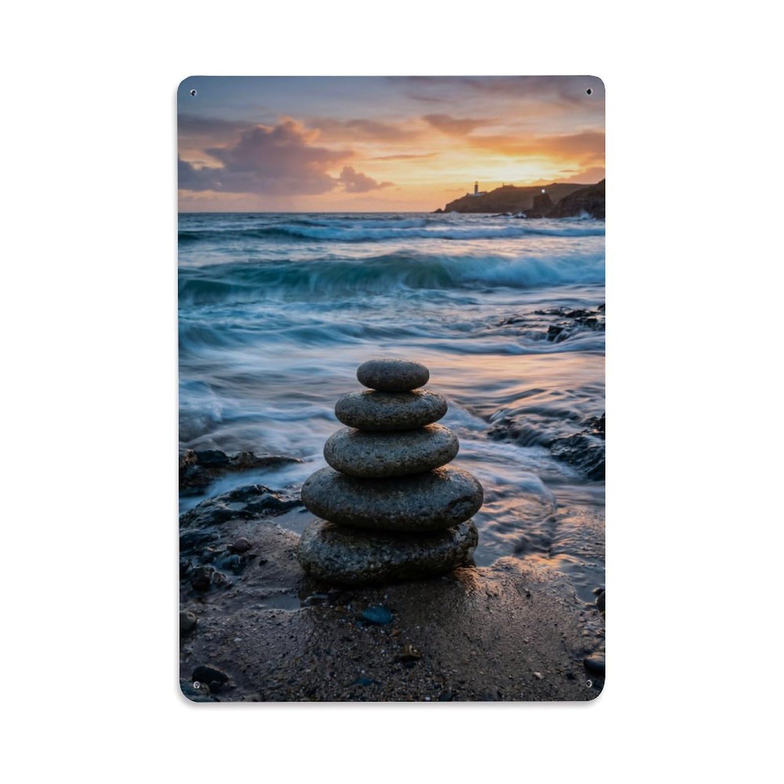 Tidal Pebble Cairn Beach Balance Meditation Calm Serenity Metal Tin Sign Plaque Wall Decor for Cafe, Man Cave, Club Bar, Office, Home Garden Round Metal Poster 8x12Inch
