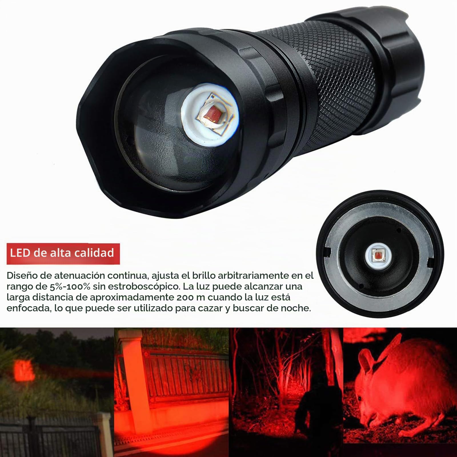 Ultrafire Linterna Luz Roja 620-630 nm Luz de Caza Roja con Regulación Continua de Intensidad, Linterna Roja de Caza de Enfoque Ajustable para Visión Nocturna, Observaciones Astronómicas