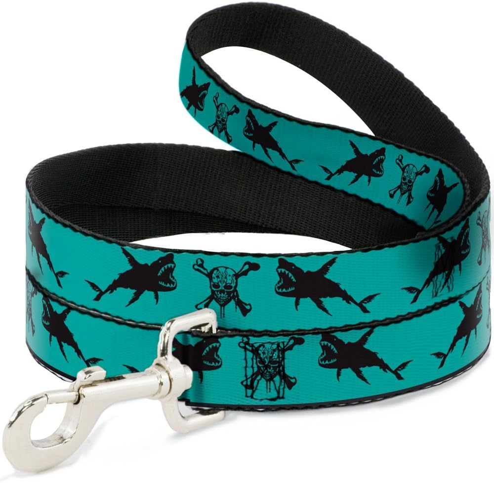 Dog Leash Pirates Skull Crossbones Sharks Turquoise Black 6 Feet Long 1.0 Inch Wide